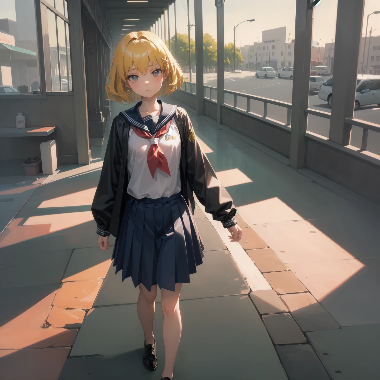 ultra-absurdres-Top quality by artist God, ultra-detailed, high resolution, anime moe artstyle, best anime 8k konachan wallpaper, pixiv contest winner, pool:2810, perfect anatomy,break, 1girl, (Please draw a girl walking sleepily to school alone. )break,(Solo,little female, 13-year-old:1.3),Full limbs, complete fingers,a junior high school student, (very short hair), short cut, flat chest, , small butt, small black eyes, beautiful detailed eyes, well-proportioned iris and pupils, expressive eyes, highres detailed hair, soft expression, salor school_uniform, sailor collar, serahuku, bow, pleated skirt,(Detailed Lighting), (Detailed background), in the School commute route. break,super detailed skin, Best cinematic lighting powered by famous artist, 8k,beauty illustration,photoshop_(medium),very aesthetic,break,((artist:neocoill )), artist:clamp ,artist:carnelian ,artist:kantoku ,