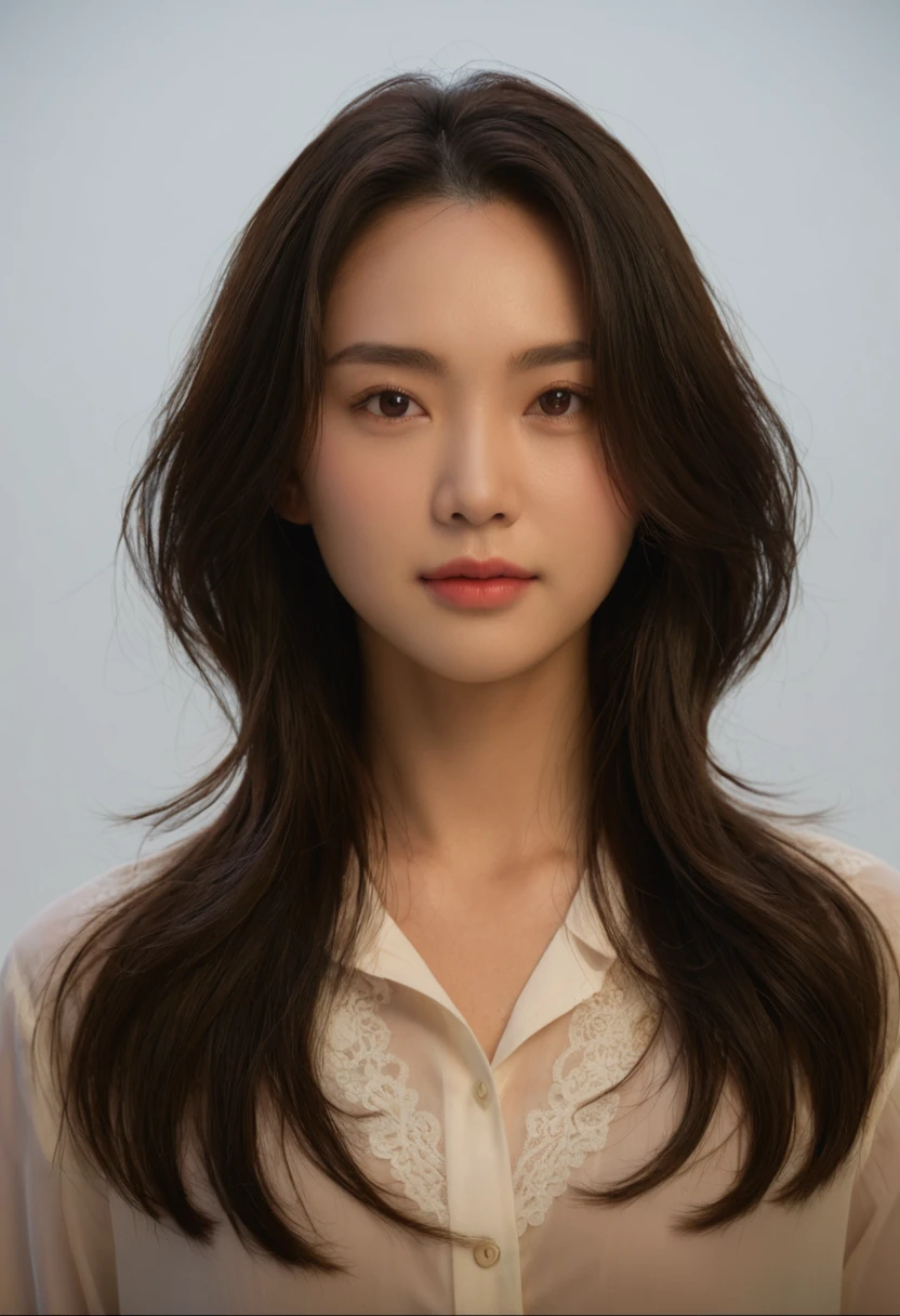 Best Quality, 8k, Masterpiece, (Portrait: 1.3), (photo realistic:1.4), (hyper realistic:1.4), Sharp Focus, looking at viewer, (smoother lighting:1.1), (increase cinematic lighting quality:0.9), realistic lighting, backlighting, light on face, ray trace, (brightening light:1.2), (Increase quality:1.4), sharp detail, (best quality real texture skin:1.4), finely detailed eyes, black_eyes, finely detailed face, 25 year old Korean woman, (white formal_shirt:1.4), (Create an image maintaining the original base model hairstyle:1.5)