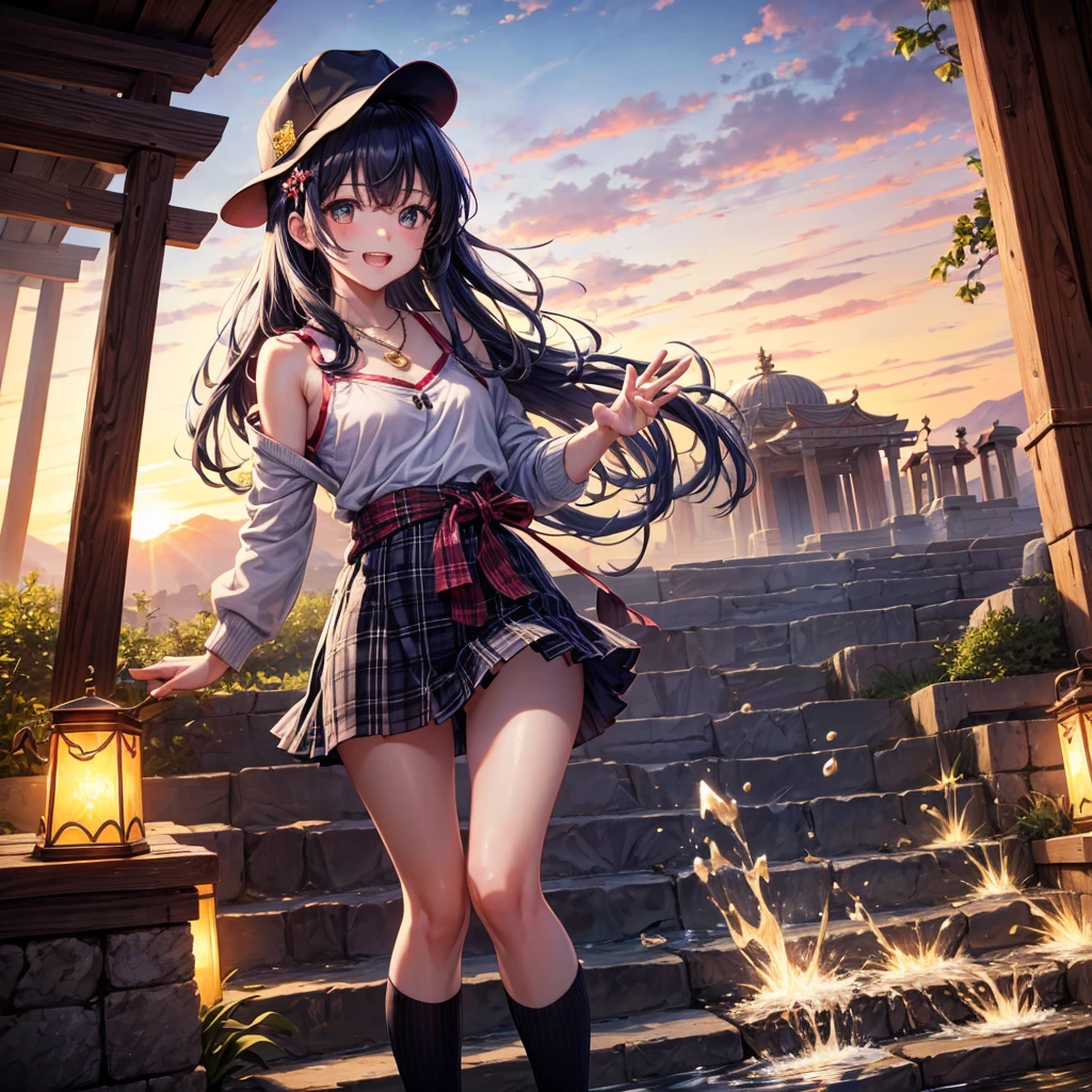 Red Blue Gold Hair、Golden Eyes、Braid、One good looking girl、solo、anime、Checkered mini skirt、Ruffles on the skirt、camisole、cardigan、Black knee-high socks、Wearing a baseball cap、Wearing a ribbon、Ribbon on waist、Tilting face、Teeth are visible、Sunset sky、Piercing the clouds、Contrail、Cumulonimbus、Pillar of Light、Silver coin necklace、A world of light、shine、From above、bell、torii、Desert Oasis、water is gushing out、Sparks are flying、Steps、High five
