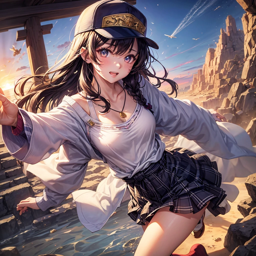 Red Blue Gold Hair、Golden Eyes、Braid、One good looking girl、solo、anime、Checkered mini skirt、Ruffles on the skirt、camisole、cardigan、Black knee-high socks、Wearing a baseball cap、Wearing a ribbon、Ribbon on waist、Tilting face、Teeth are visible、Sunset sky、Piercing the clouds、Contrail、Cumulonimbus、Pillar of Light、Silver coin necklace、A world of light、shine、From above、bell、torii、Desert Oasis、water is gushing out、Sparks are flying、Steps、High five