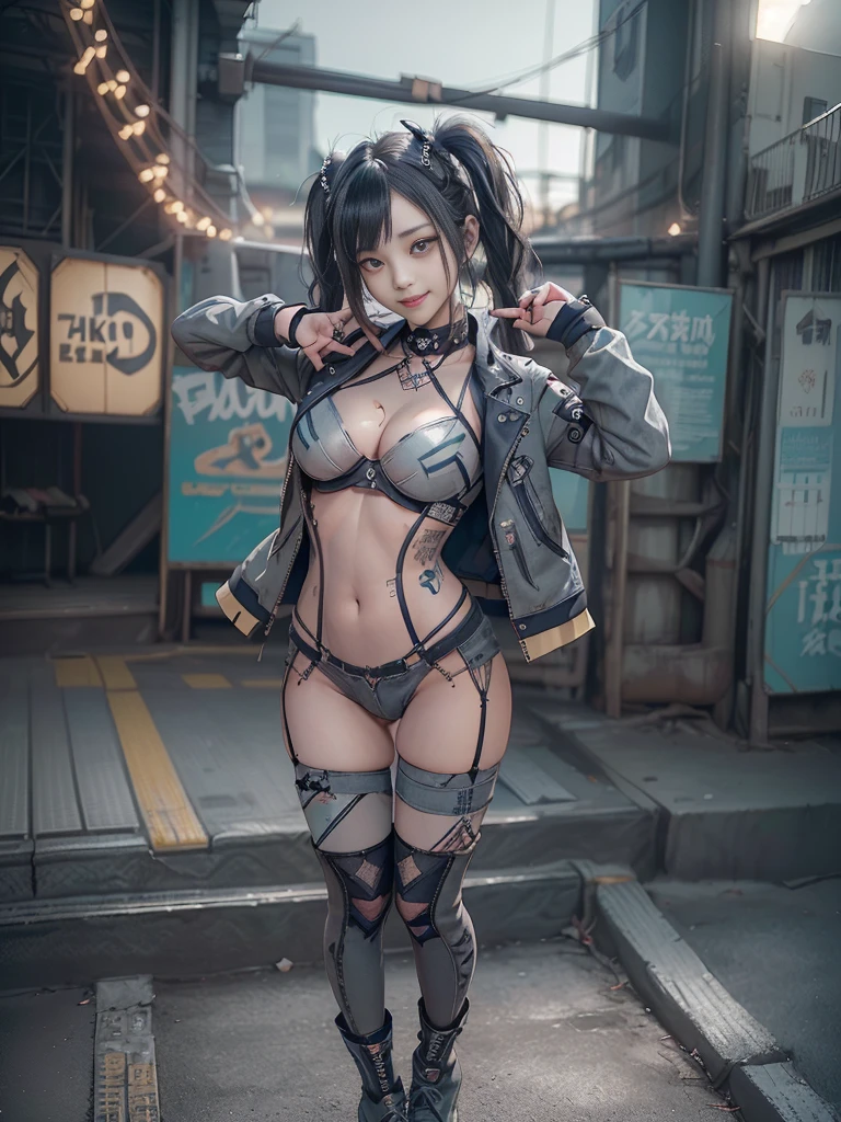 (Full Body View:1.3)、(Side view:1.1)、(Smiling with teeth showing:1.3),(Shibuya Gal:1.5)、(Costume of the hostess:1.4)、(Neo-goth fashion:1.4)、(Punk RockVisual Kei:1.4)、(Modern short jacket in khaki, turquoise and charcoal:1.5)、(Tattered brown, charcoal and navy denim bodysuit:1.5)、(Mustard Yellow Headband:1.3)、(Charcoal and khaki striped knee socks:1.4)、collar、White long boots、(We sell patterned underwear with logos.:1.4)、20-year-old、NSFW,((highest quality、In 8K、masterpiece:1.3))、Sharp focus:1.2、(Layered Cut、Huge boobs:1.1),Beautiful woman with perfect figure:1.4、(Doing an aerobics pose:1.3)、(Open legs:1.3)、(Raise your arms:1.2)、(Open your crotch:1.3)、Slender Abs:1.2、Butt、Highly detailed face and skin texture、Detailed eyes、double eyelid,(Twin tails:1.3)、(Dark grey hair:1.3)、Dynamic Pose、Obscene pose、Humiliating pose、Gravure idol、(A gorgeous sunny fashion show stage:1.3)、(Make your legs thinner:1.4)、(Slim body:1.3)、(clavicle:1.1)