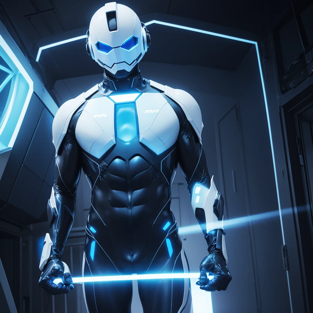 (masterpiece), (best quality), (high res) Solo, (perfect anatomy) Dronificated unknown man in a fully (enclosed blue latex full body suit) (white LEDs across the suit) (white glowing core in the chest), (enclosed cyber helmet) that cover his whole face and hides his identity with a white screen, strong body, muscular body, in a storage, (no face) no face, no hair, no mouth, no eyes, in a futuristic office