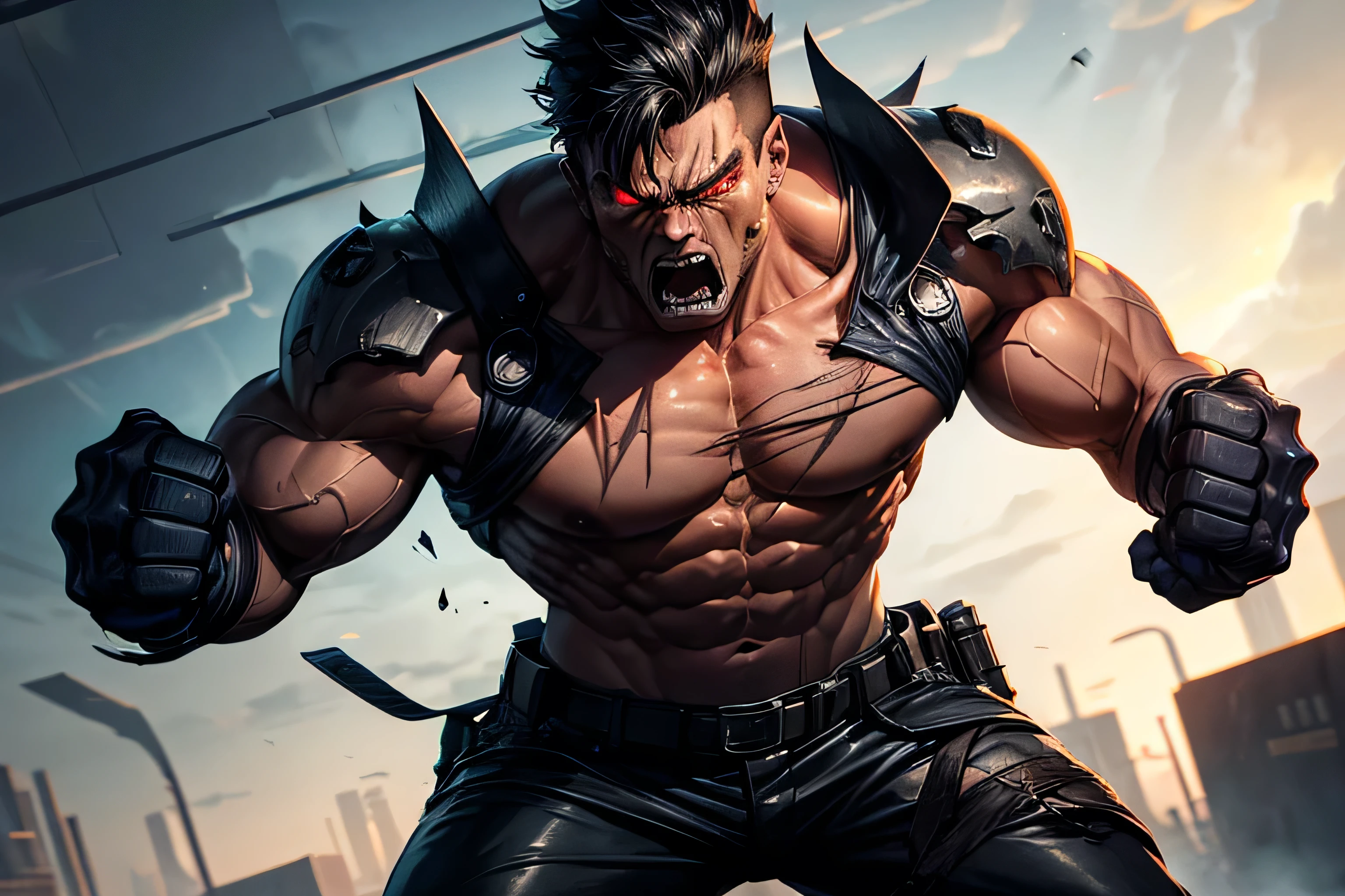 Adult male, long black hair, blue eyes, muscles, scars, black tank top, superhero pants, Masterpiece, best quality, Full HD, 8k, ultra details, great graphic
