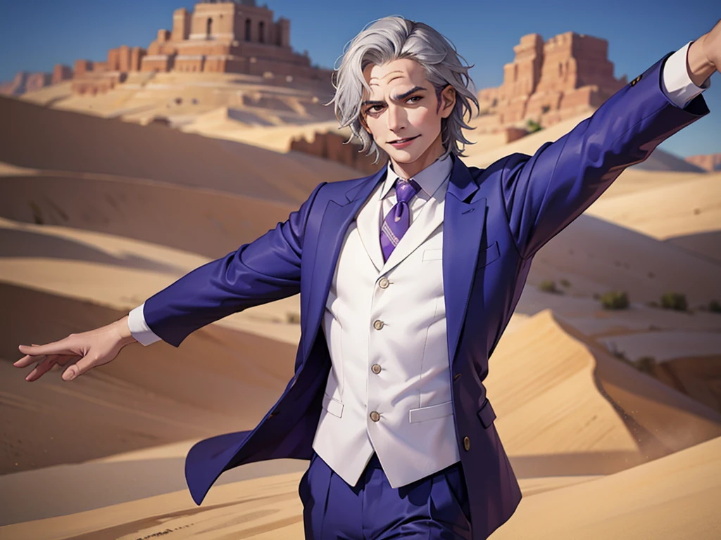 Portrait of a man in his 40s、standing、silver hair、the joker、purple dress , smile , Long body、 、desert background、