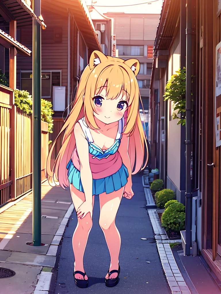 Tanuki girl,  Tanuki, kawaii, On the streets of Tokyo, sunset, Sun rays, magical lighting, Akihabara, in cute short dress, undies visible, visible panties, smiling, blush, shy pose, kawaii traje, beautiful hair, looking away short skirt lifted show panties NSFW legs open