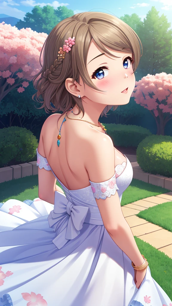 (Masterpiece), 8k wallpaper, solo, Watanabe you, game cg, beautiful detailed face and eyes, perfect anatomy, standing, outside, blush, glossy lips, wedding dress, off the shoulder, necklace, jewelry, garden, looking back at viewer