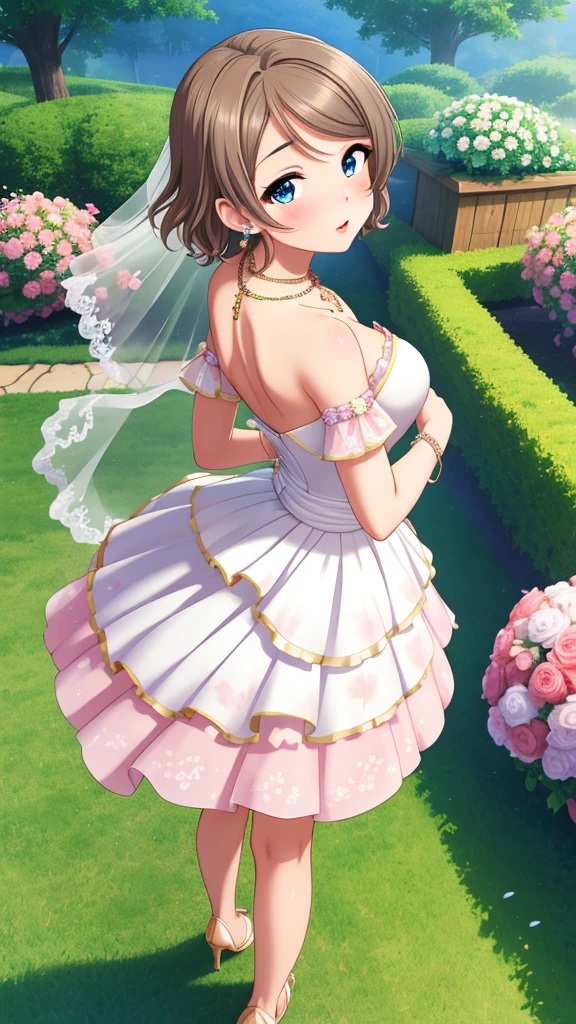 (Masterpiece), 8k wallpaper, solo, Watanabe you, game cg, beautiful detailed face and eyes, perfect ???????, standing, outside, blush, glossy lips, wedding dress, off the shoulder, necklace, jewelry, garden, looking back at viewer