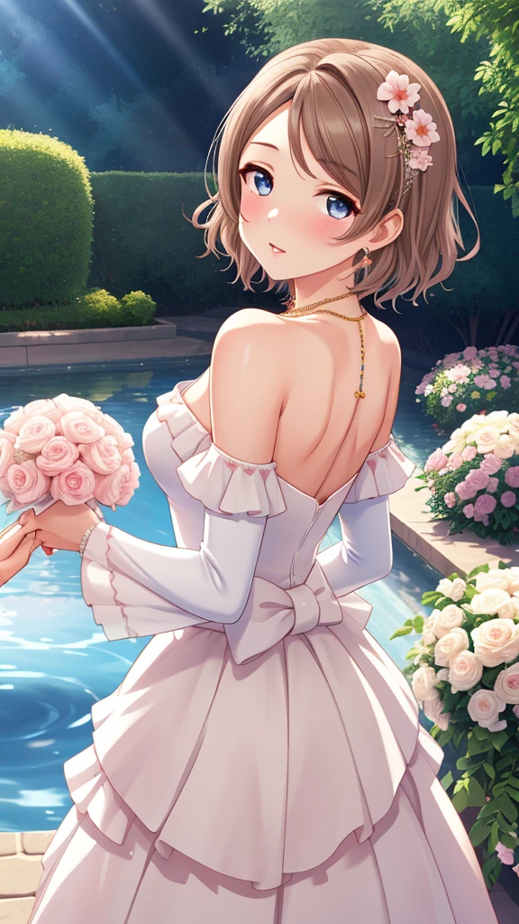 (Masterpiece), 8k wallpaper, solo, Watanabe you, game cg, beautiful detailed face and eyes, perfect anatomy, standing, outside, blush, glossy lips, wedding dress, off the shoulder, necklace, jewelry, garden, looking back at viewer