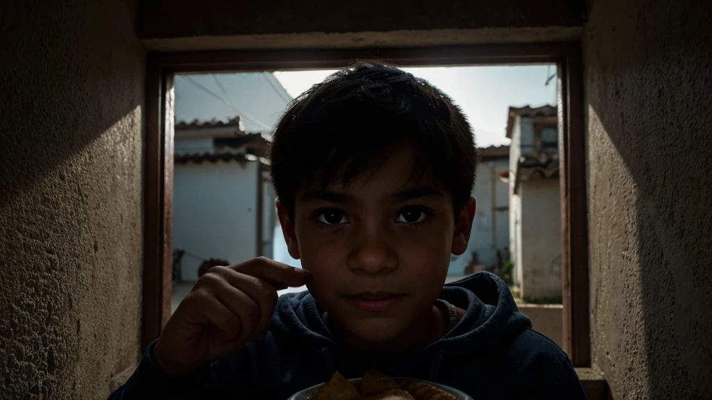 Crea una imagen inquietante que capture la esencia de la historia "Tobi: El Perro Imaginario". En la imagen, shows a 9 year old boy, Kique, de pie en la entrada de una casa suburbana, staring with a disturbing smile at a dark, menacing shadow looming over an empty plate. En el fondo, una madre aterrorizada observa desde una ventana, with eyes wide open and hands covering his mouth. Make sure the shadow is shaped to suggest a ghoulish giant dog, pero de una manera sutil y aterradora, con ojos rojos brillantes que destaquen en la oscuridad. The atmosphere should be nocturnal and gloomy, with soft lights that add to the suspense and mystery of the scene.