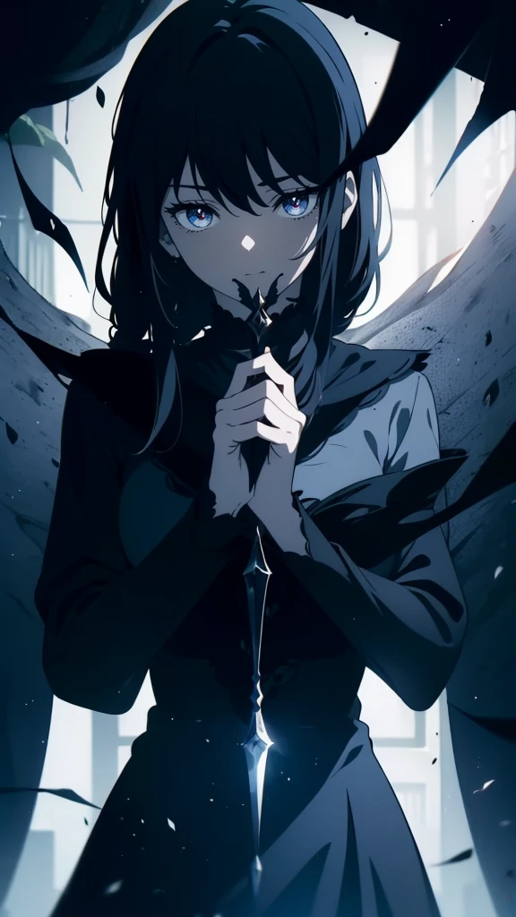 ((((Obra maestra, La mejor calidad, ultrahigh resolution)))), 1girl, midnight blue attire, dark surroundings, ambient light, subtle shadows, mysterious eyes, gaze downward, one hand holding a shadowy dagger, other hand grasping a tattered cloak, misty atmosphere, eerie fog, trees in background, foliage dead, night time, 25 years old, regal presence, serious expression, piercing eyes, dark and mysterious