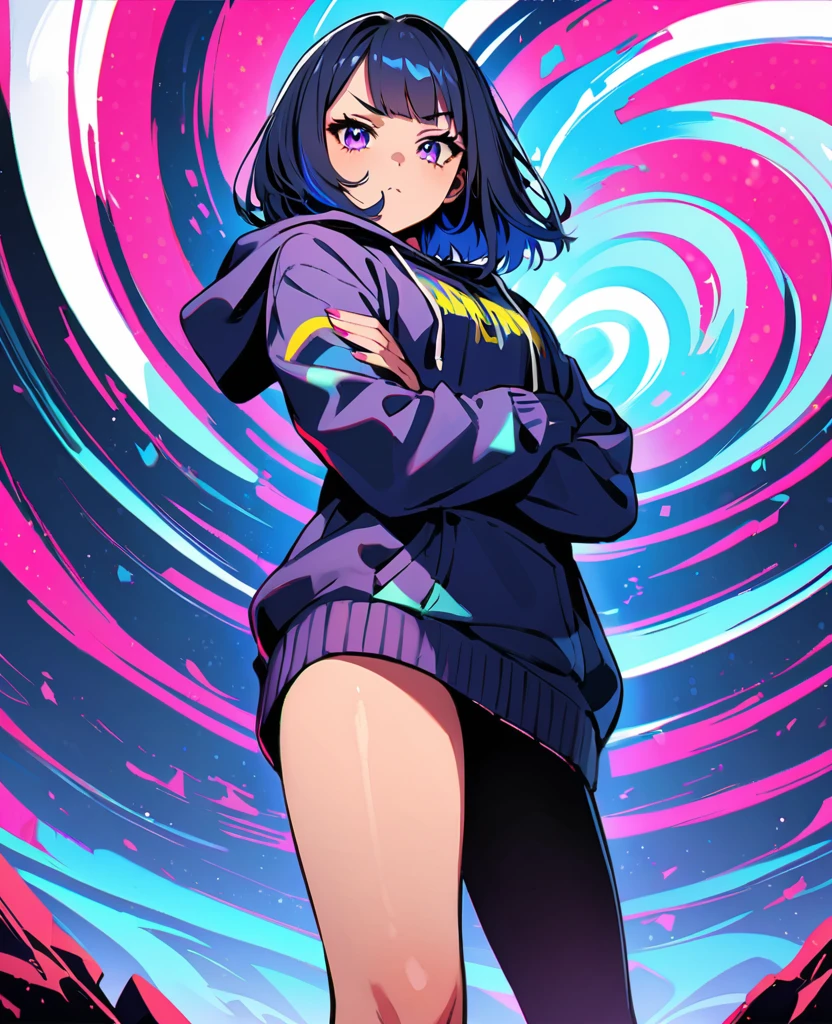 popart style,(best quality, masterpiece, ultra high-resolution, ultra-detailed: 1.2), Unique girl,(stand with open stance:1.1), (crossed arms:1),
,wearing oversized hoodie,Confident,Euphoria,BREAK,(MIA:,detailed face,(darkblue hair-color,wavy-short hair),parallel eyebrows),she love hiphop,