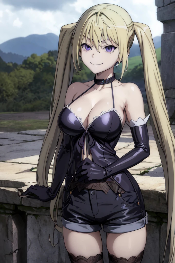 (masterpiece, best quality), 1girl, lieselotte sherlock,high quality, extremely detailed, ,(dark and stormy skies, lightning)(masterpiece:1.0),(Highest_quality:1.0), 超High resolution,4k,Super detailed, 8K, HDR, High resolution, disorganized:1.2, twintail,,looking at viewer,latex,elbow gloves,,, ,official art,short pants,(beautiful_face:1.5),(narrow_waist),,Highly detailed CG Unity 8K wallpaper, perfect lighting,laugh at,too evil smile,too evil smirk,looking down at viewer,upper body,smile bad,deep shaded face,too evil fall,