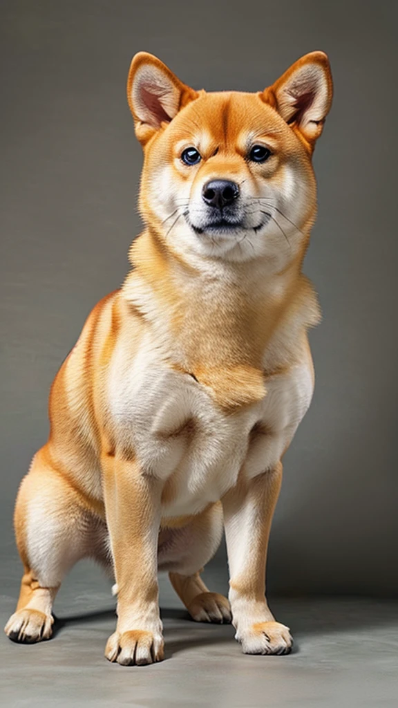 The only character is a Shiba Inu.、The body is fat、Shiba Inu、The posture is like begging.,
Posture is standing、Posture is upright、The camera is taken from a little distance.、The face is facing forward、The body is fat、