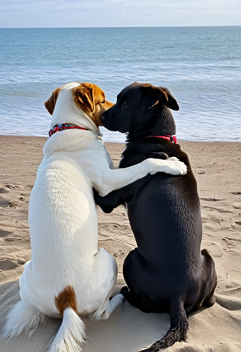 Back view of two dogs sitting side by side on the beach, cheek to cheek、Dogs hugging each other、They are making a heart shape with each other's tails、The sea illuminated by the moon、No waves、A big moon and beautiful stars in the night sky、A night sky very close to the real thing、Very romantic、4K、Beautiful art、The stars are beautiful and close to nature