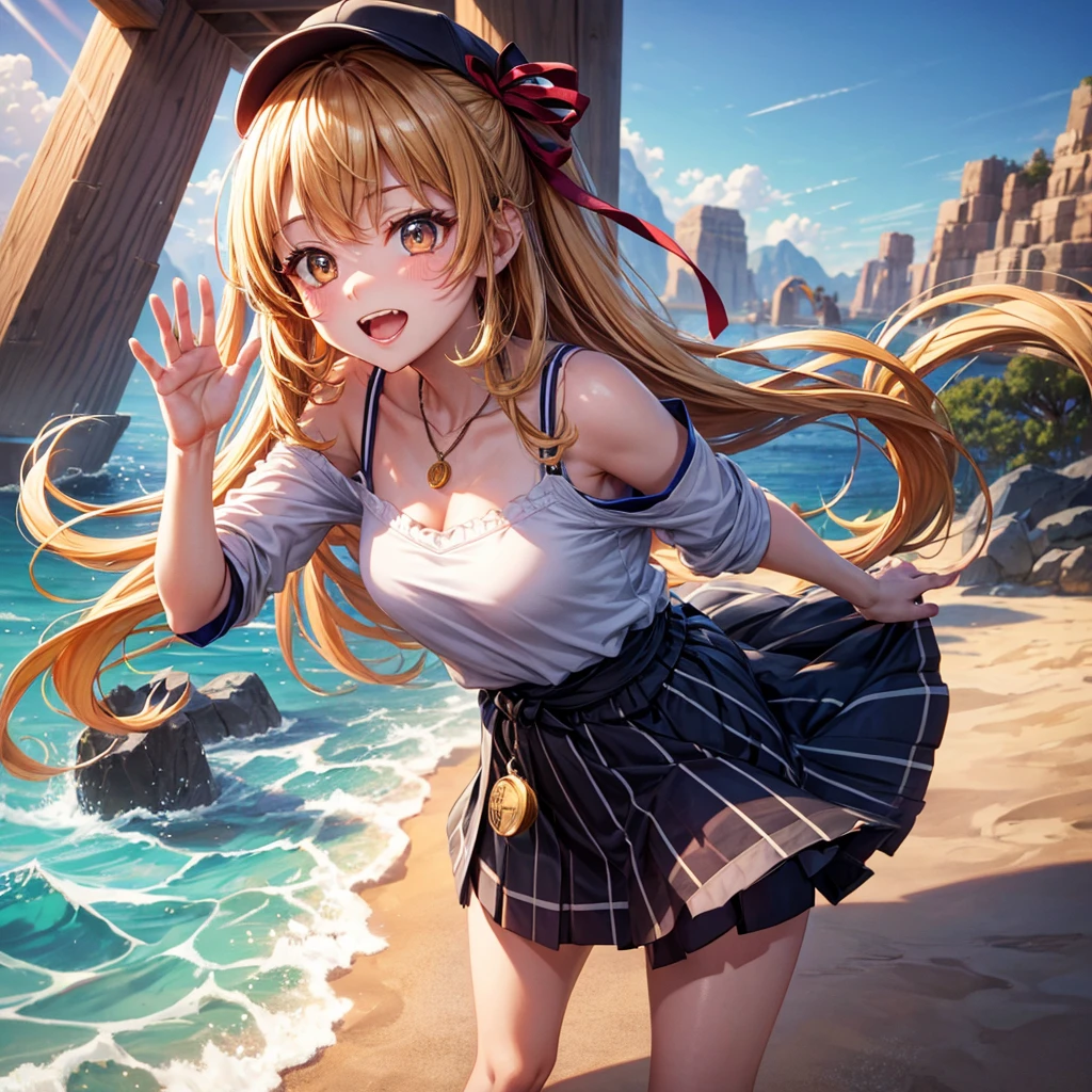 Red Blue Gold Hair、Golden Eyes、Braid、One good looking girl、solo、anime、Checkered mini skirt、Ruffles on the skirt、camisole、cardigan、Black knee-high socks、Wearing a baseball cap、Wearing a ribbon、Ribbon on waist、Tilting face、Teeth are visible、Sunset sky、Piercing the clouds、Contrail、Cumulonimbus、Pillar of Light、Silver coin necklace、A world of light、shine、From above、bell、torii、Desert Oasis、water is gushing out、Sparks are flying、Steps、High five