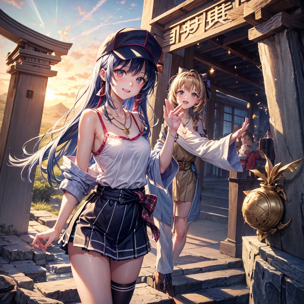 Red Blue Gold Hair、Golden Eyes、Braid、One good looking girl、solo、anime、Checkered mini skirt、Ruffles on the skirt、camisole、cardigan、Black knee-high socks、Wearing a baseball cap、Wearing a ribbon、Ribbon on waist、Tilting face、Teeth are visible、Sunset sky、Piercing the clouds、Contrail、Cumulonimbus、Pillar of Light、Silver coin necklace、A world of light、shine、From above、bell、torii、Desert Oasis、water is gushing out、Sparks are flying、Steps、High five