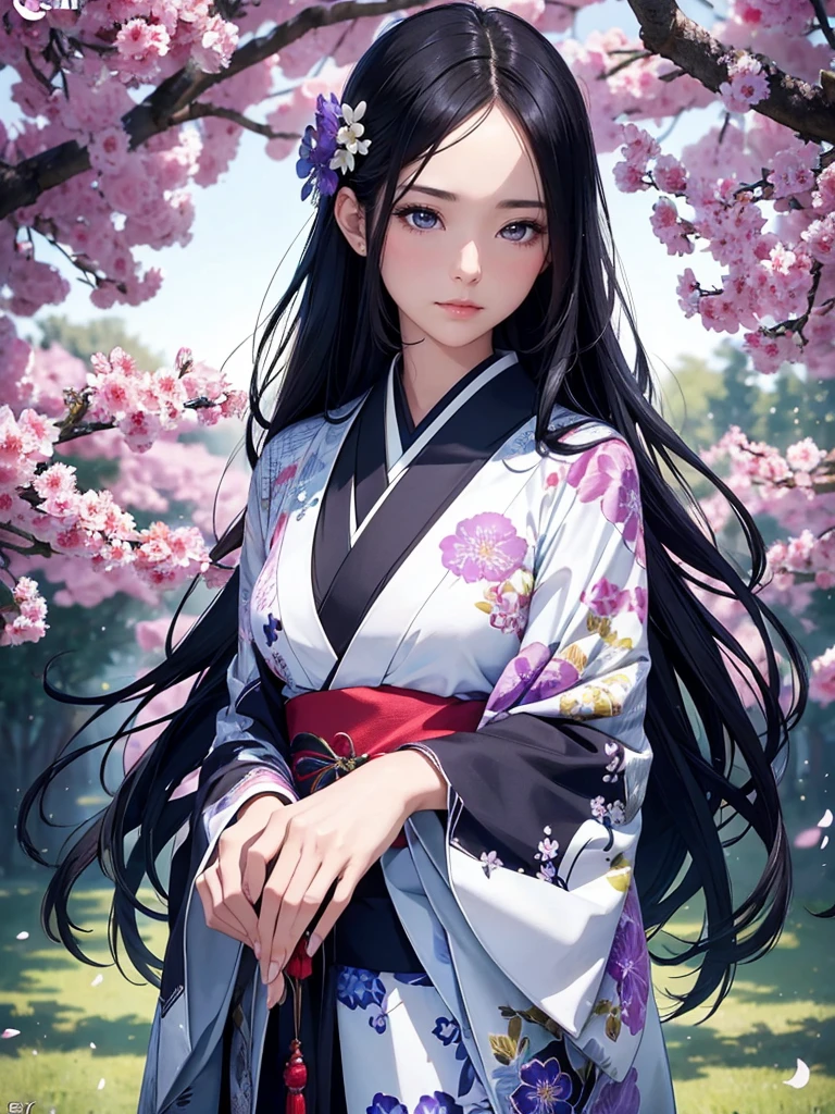 a beautiful woman in a kimono with long japanese black hair,standing in a field of blooming blue asagao  flowers,sparkling amethyst eyes,(best quality,4k,8k,highres,masterpiece:1.2),ultra-detailed,(realistic,photorealistic,photo-realistic:1.37),HDR,UHD,studio lighting,ultra-fine painting,sharp focus,physically-based rendering,extreme detail description,professional,vibrant colors,dramatic lighting,elegant,serene,photorealistic