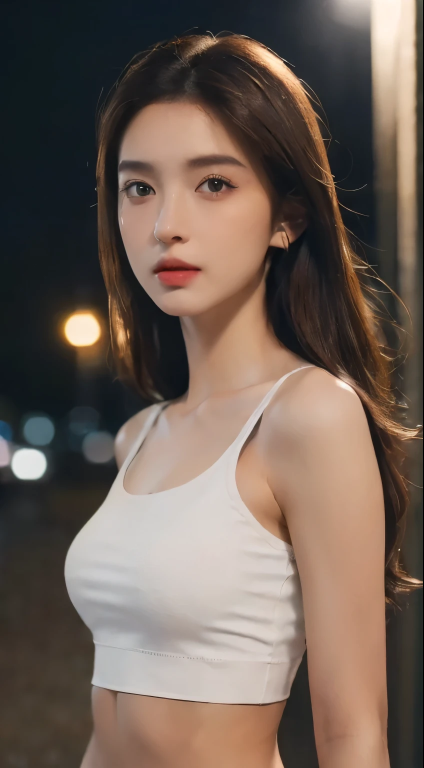 ((realistic lighting, best quality, 8K, masterpiece: 1.3)), clear focus: 1.2, 1 woman, perfect look: 1.4, slim abs: 1.1, ((dark brown hair)), (white crop top: 1.4), (outdoor, night: 1.1), city street, super fine face, good eyes, double eyelid,