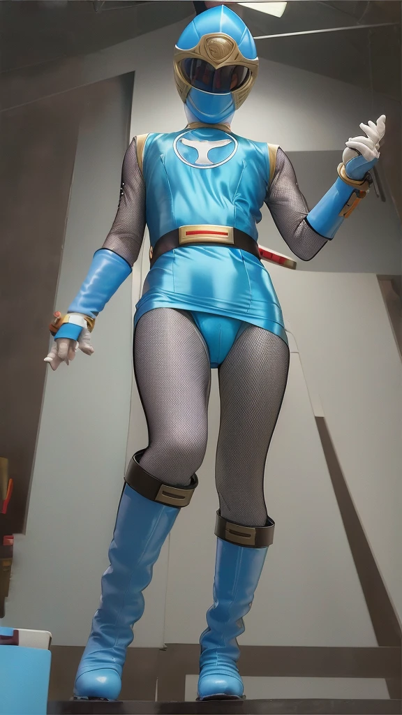 Photorealistic、High resolution、((focus penis)), ((In a brightly lit research facility))、Hurricaneger Blue、Big Breasts、(covered nipples), Covered navel、Blue rubber suit、belt、A blue helmet that covers the entire face、((Very thin black stockings))、thighs, thighs, Blue long boots、Female Hero、Stand and put your hands on your hips、Lift your legs、(foot on penis), ((footjob))、1boy is wearing Red pants, (penis), (((ejectcum))), (((No background)))、dynamic pose