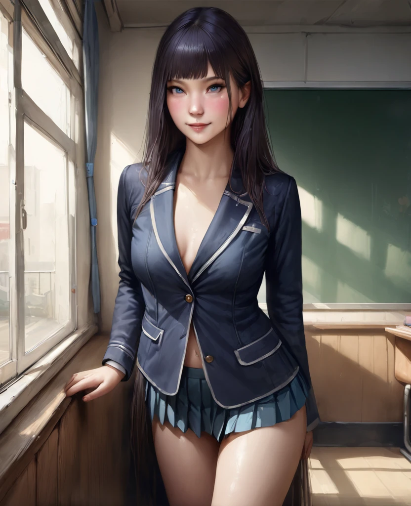 (((masterpiece, highest quality, realistic:1.3,absurdres))),25 year old beauty,solo,((very small head)),long hair,bangs,dark blue hair,dark blue eyes,gorgeous eyes,blush,smile,medium breasts,((very long body)),((toned body:1.2,slender body)),skinny,gleaming skin,shiny skin,((School uniform、Blazer jacket、Pleated mini skirt)),classroom、School building、