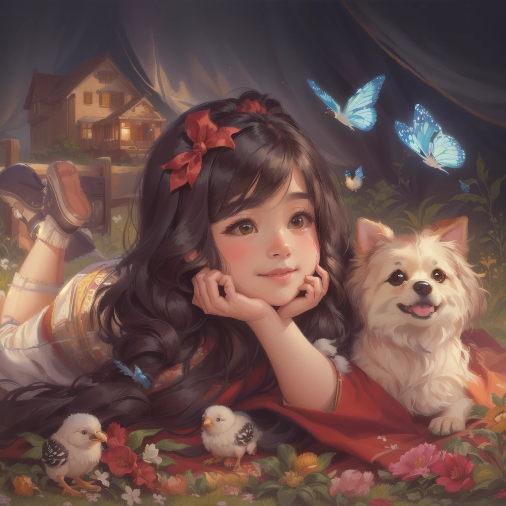 The painting shows a little girl lying on a blanket,There is a dog and a bird beside me, Lovely detailed artwork, author:Yang Borun, Cute numbers, Lovely portrait, Traditional Arts, Lovely detailed digital art, realistic Lovely girl painting, Lovely , Lovely artwork, Lovely digital art, Beautiful artwork, Alison Kinnard, author:Howard Lyon, Lovely girl