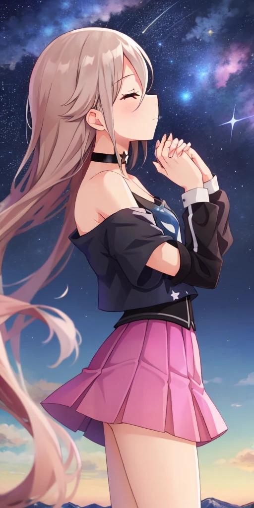 one girl, IA, Aria on the Planetes, off shoulder, black shirt, short skirt, choker, from side, starry sky, look at the sky, pray for stars, close eyes, praying hands, long hair