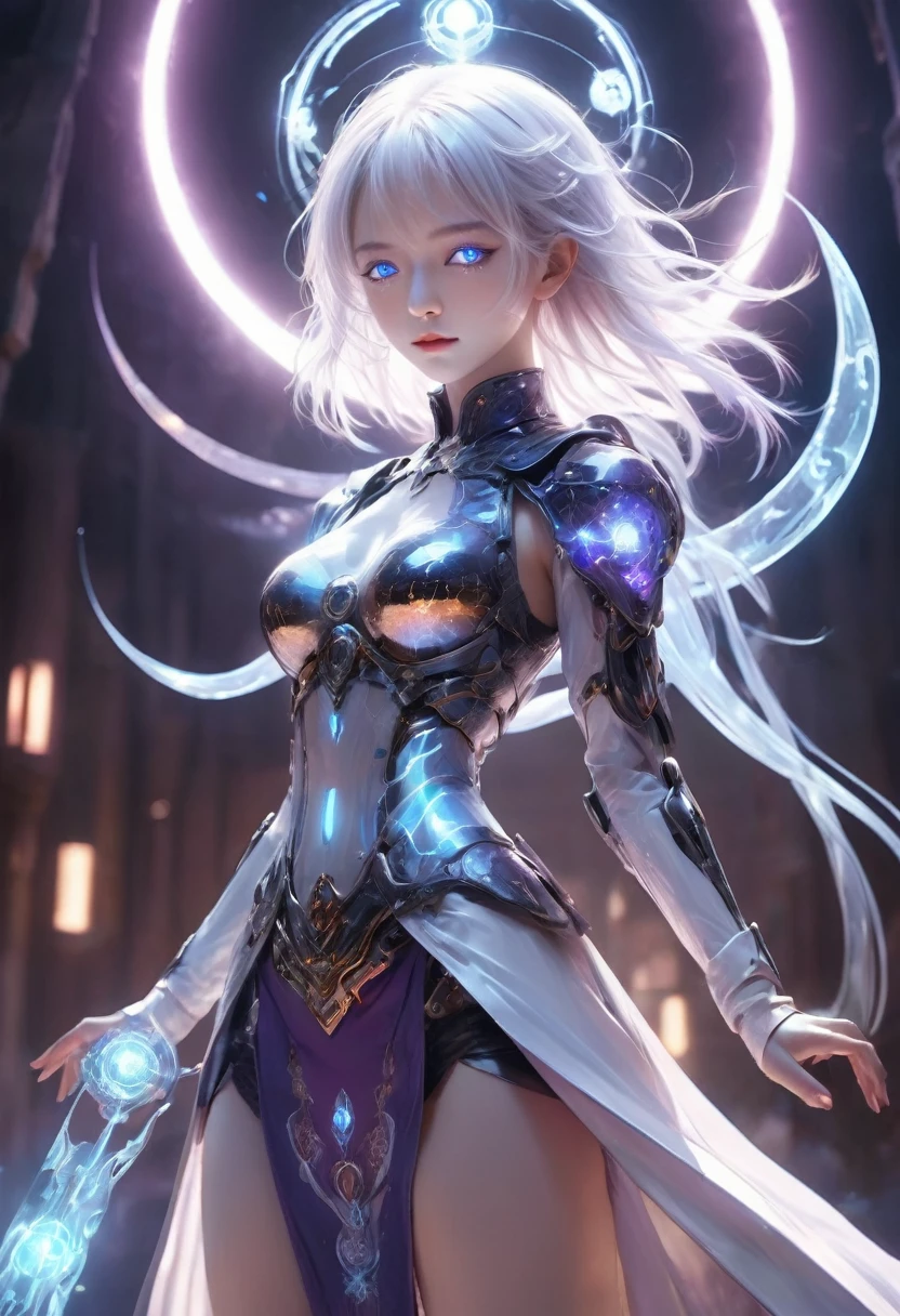 high quality exquisite wallpaper,(holographic:1.7),holographic metal,holographic fabric,1girl,wearing white Hanfu andblack mecha,The girl was surrounded by magic arrays,solo,mecha musume,blue_eyes,standing,cinematic lighting,strong contrast,1 beautiful young chinese woman,mature and exquisitefacial features,sharp eyes,photon force field,purple and blue glowing neon lights,wide_shot,robot girl,magic array,magic circle,roman numeral,blue theme,intricate glowing lace,(Multiple magic arrays:1.5),1 girl figure is slender medium breasts clothes show cleavage,white hair,Magic Array Control Recommendation: Tguilvas Salen Debi Maggichi Ares,Martipur Maggichi Ares,Tegil Issalon Debi Maggichilins,((Dark)),epic,8k,fantasy,ultra detailed,Magic,((hood)),(hoodie),((((hair over one eye)))),casting spell,blackhole,menancing,((glowing eyes)) ((BLUE eyes)),((glowing)),((Bloom)),magnificent,Masterpiece,absurdres,best quality,standing,1girl,human,evil,evil grin,apocalypse,destruction,end of the world,crazy eyes,Crazy,psycothic,looking down,superior,(sadistic),((demoniac)),spear,spectral,ghostly,circle,rim,rim light,crescent,abyssal,Shorts,groin,hip bones,hip lines cowboy shot,Magic Circle,excessive energy,scifi,abyssaltech,dark energy,ethereal,dissolving,see-through,abyss,antitech,scifi,pure energy,thighs,big tits