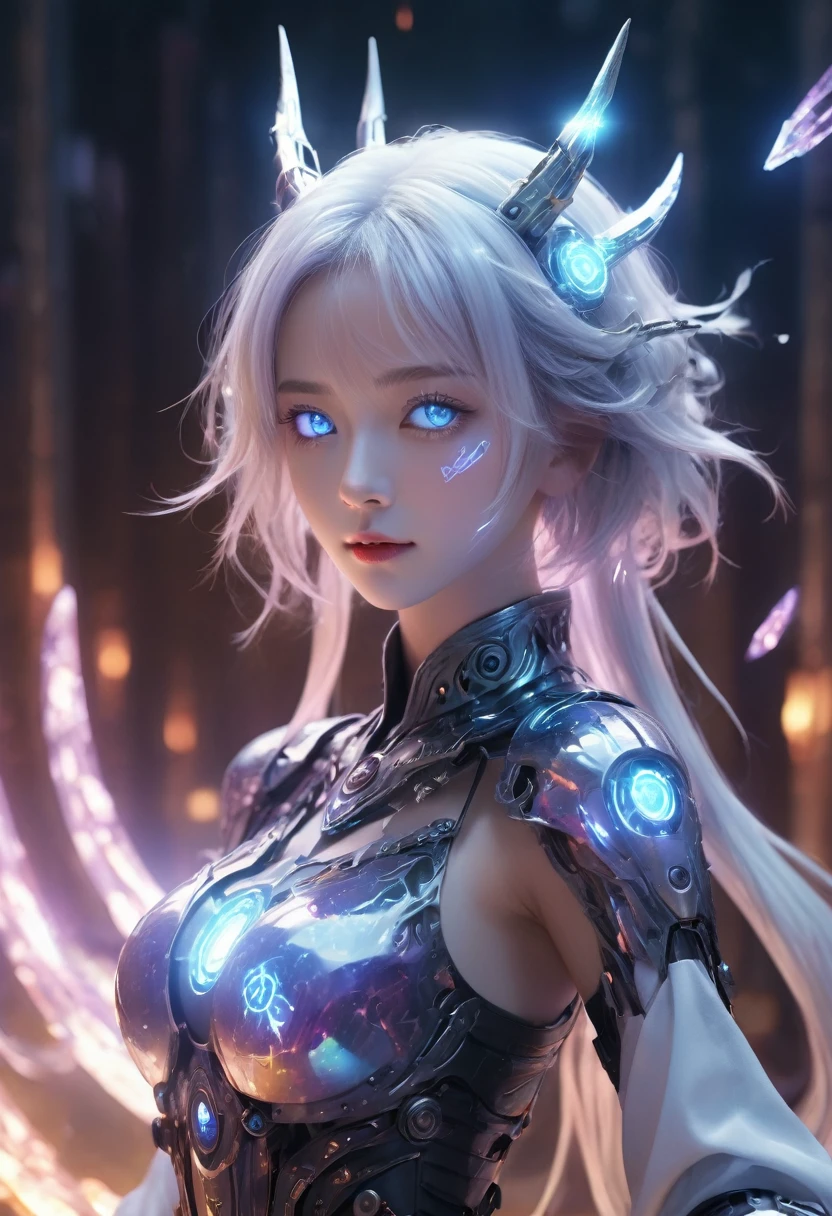 high quality exquisite wallpaper,(holographic:1.7),holographic metal,holographic fabric,1girl,wearing white Hanfu andblack mecha,The girl was surrounded by magic arrays,solo,mecha musume,blue_eyes,standing,cinematic lighting,strong contrast,1 beautiful young chinese woman,mature and exquisitefacial features,sharp eyes,photon force field,purple and blue glowing neon lights,wide_shot,robot girl,magic array,magic circle,roman numeral,blue theme,intricate glowing lace,(Multiple magic arrays:1.5),1 girl figure is slender medium breasts clothes show cleavage,white hair,Magic Array Control Recommendation: Tguilvas Salen Debi Maggichi Ares,Martipur Maggichi Ares,Tegil Issalon Debi Maggichilins,((Dark)),epic,8k,fantasy,ultra detailed,Magic,((hood)),(hoodie),((((hair over one eye)))),casting spell,blackhole,menancing,((glowing eyes)) ((BLUE eyes)),((glowing)),((Bloom)),magnificent,Masterpiece,absurdres,best quality,standing,1girl,human,evil,evil grin,apocalypse,destruction,end of the world,crazy eyes,Crazy,psycothic,looking down,superior,(sadistic),((demoniac)),spear,spectral,ghostly,circle,rim,rim light,crescent,abyssal,Shorts,groin,hip bones,hip lines cowboy shot,Magic Circle,excessive energy,scifi,abyssaltech,dark energy,ethereal,dissolving,see-through,abyss,antitech,scifi,pure energy,thighs,big tits