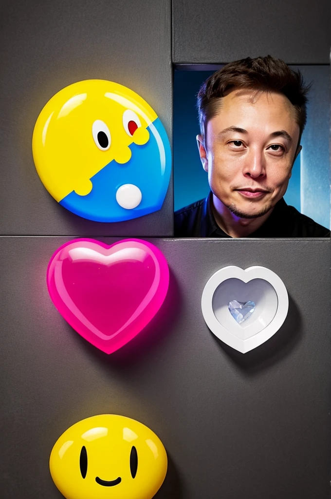The image shows a brightly coloured PacMan holding a crystal heart in his hand. PacMan looks at the heart with a melancholy look on his face while Elon Musk looks at PacMan hiding in the corner and laughs.