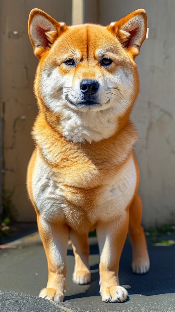 The only character is a Shiba Inu.、The body is fat、Shiba Inu、The posture is like begging.,
Posture is standing、Posture is upright、The camera is taken from a little distance.、The face is facing forward、The body is fat、
