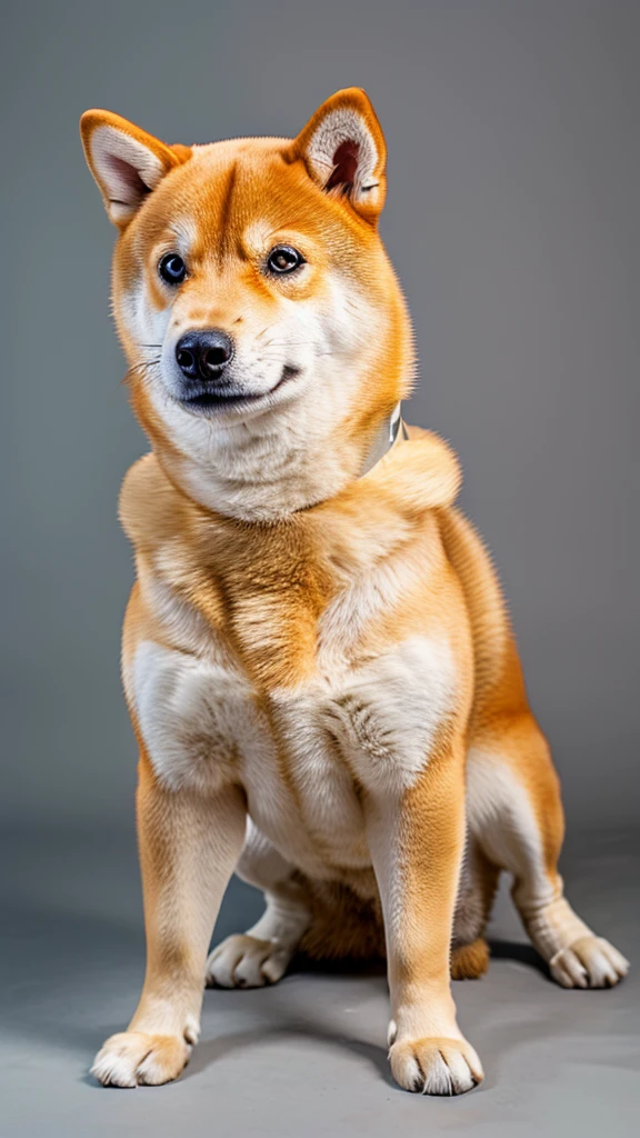 The only character is a Shiba Inu.、The body is fat、Shiba Inu、The posture is like begging.,
Posture is standing、Posture is upright、The camera is taken from a little distance.、The face is facing forward、The body is fat、