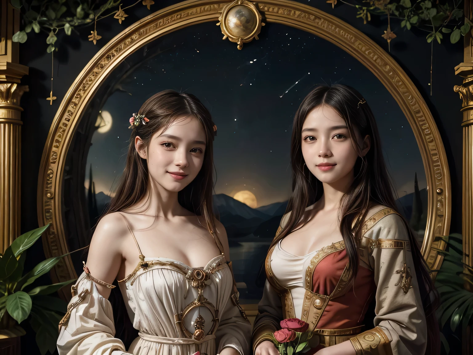 Giorgione painting style,Arguments of two female Philosophe,math、astronomical machine、astronaut、roses in vase、fruits、Cute trinkets、smile、ancient greek costume、Background is a forest lake at night 、Clothes that stretch your shoulders、A big smile、beautiful bare skin、A detailed representation of the seducing woman throughout her body.sexy,erotic smile