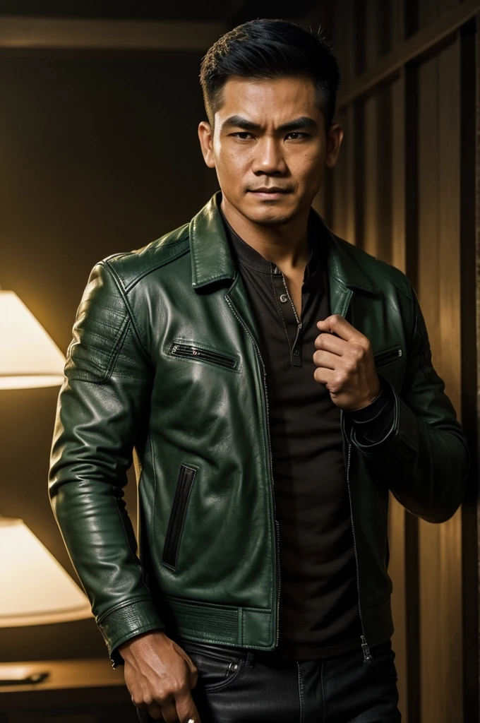 make character of my action film and his name is " Jim ". This man is filipino and attractive because of nose and eyebrow. Wearing leather jacket color dark green and holding pistol. The facial expression of this man is normal, not smiling, not sad.