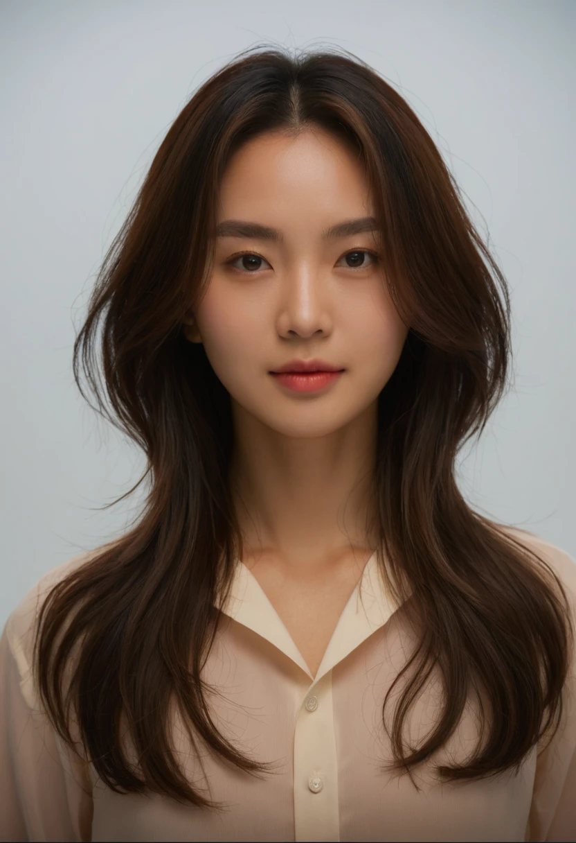 Best Quality, 8k, Masterpiece, (Portrait: 1.3), (photo realistic:1.4), (hyper realistic:1.4), Sharp Focus, looking at viewer, (smoother lighting:1.1), (increase cinematic lighting quality:0.9), realistic lighting, backlighting, light on face, ray trace, (brightening light:1.2), (Increase quality:1.4), sharp detail, (best quality real texture skin:1.4), finely detailed eyes, black_eyes, finely detailed face, 25 year old Korean woman, (white formal_shirt:1.4), (Create an image maintaining the original base model hairstyle:1.5)