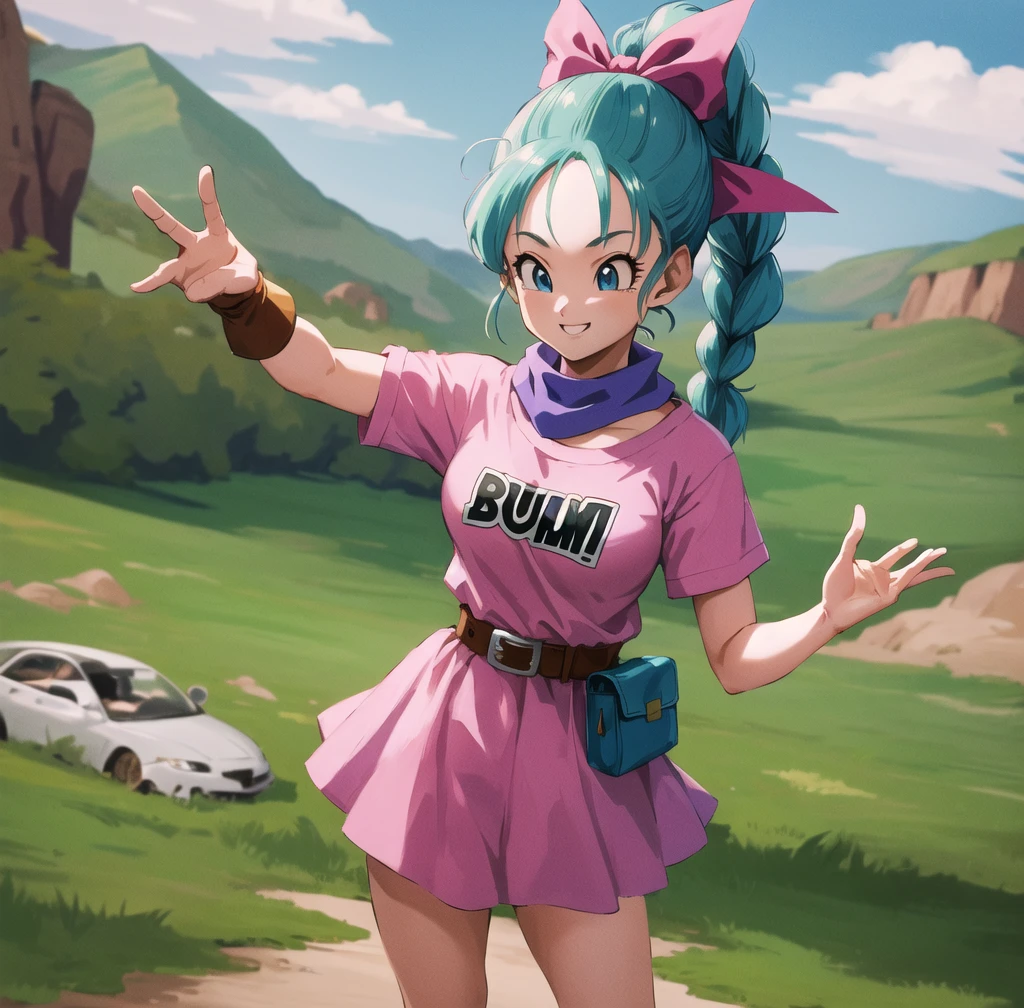 masterpiece, best quality, highres, dragon ball, blmpony, aqua hair, hair ribbon, braided ponytail, pink shirt, belt, scarf, pink skirt, clothes writing, brown gloves, medium breasts, outdoors, cowboy shot, waving, smile