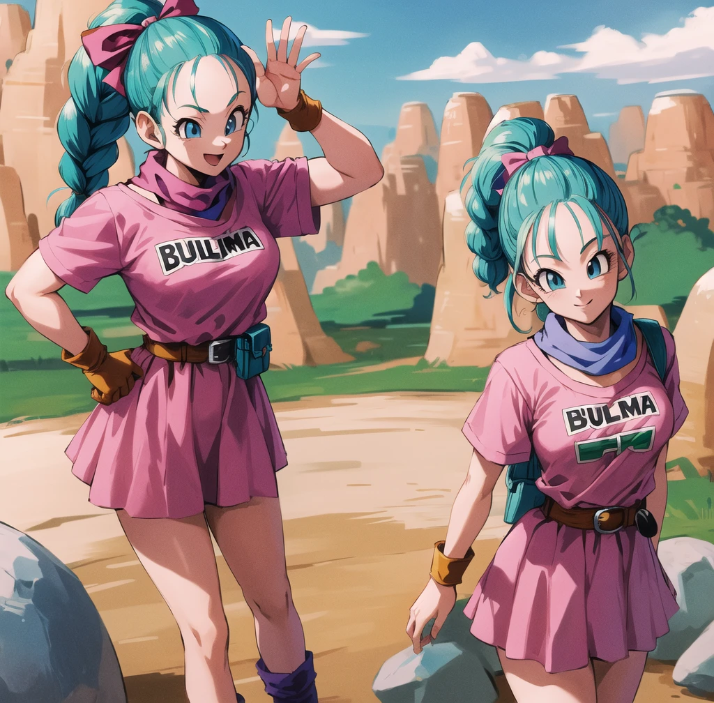 masterpiece, best quality, highres, dragon ball, blmpony, aqua hair, hair ribbon, braided ponytail, pink shirt, belt, scarf, pink skirt, clothes writing, brown gloves, medium breasts, outdoors, cowboy shot, waving, smile