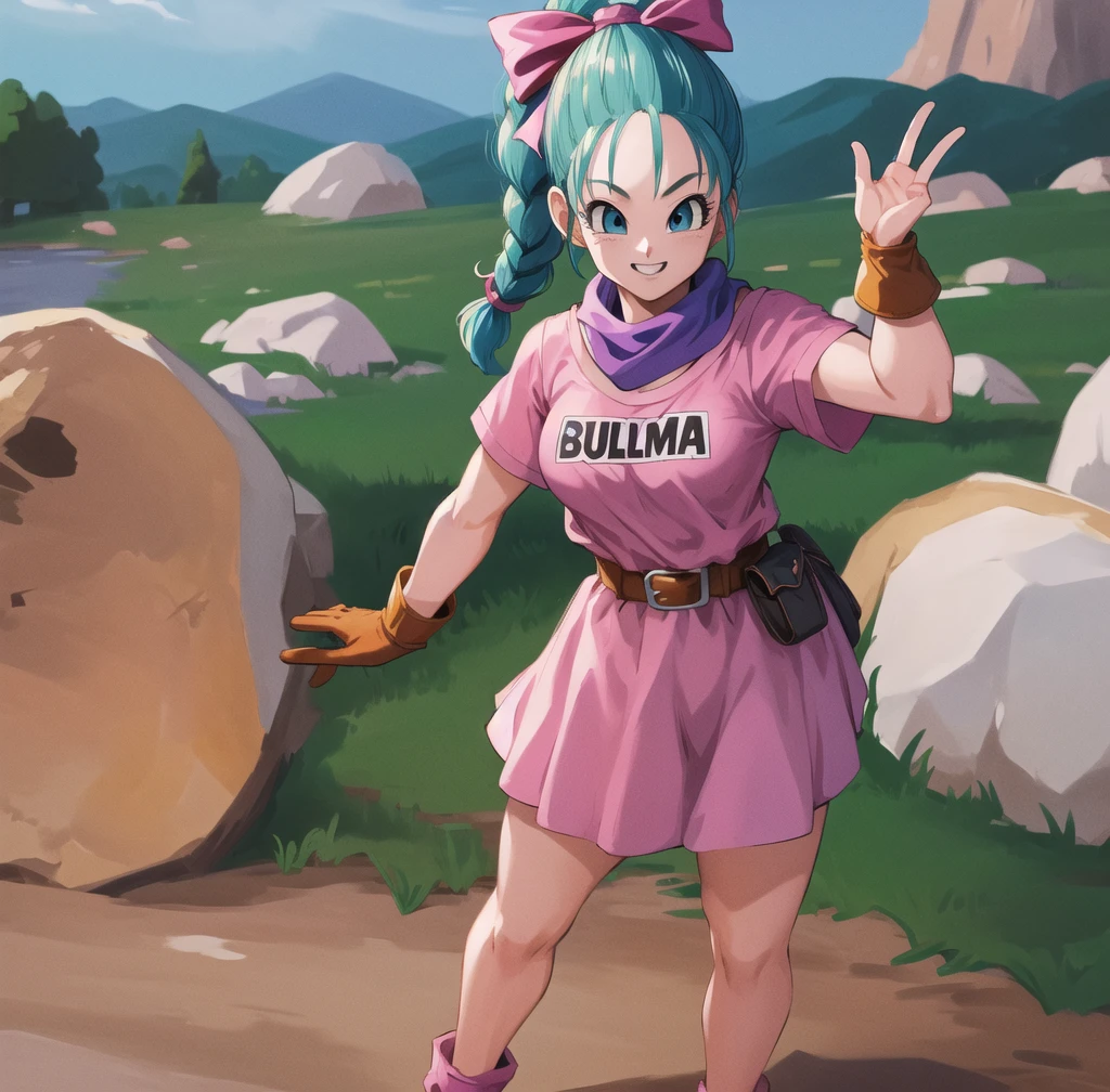 masterpiece, best quality, highres, dragon ball, blmpony, aqua hair, hair ribbon, braided ponytail, pink shirt, belt, scarf, pink skirt, clothes writing, brown gloves, medium breasts, outdoors, cowboy shot, waving, smile