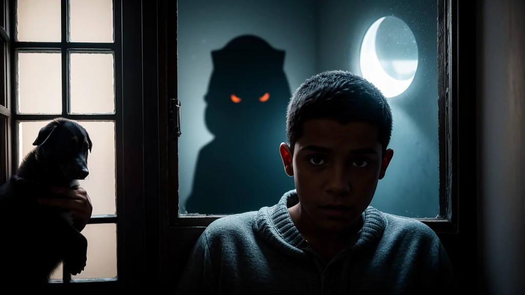 Crea una imagen inquietante que capture la esencia de la historia "Tobi: El Perro Imaginario". En la imagen, shows a 9 year old boy, Kique, de pie en la entrada de una casa suburbana, staring with a disturbing smile at a dark, menacing shadow looming over an empty plate. En el fondo, una madre aterrorizada observa desde una ventana, with eyes wide open and hands covering his mouth. Make sure the shadow is shaped to suggest a ghoulish giant dog, pero de una manera sutil y aterradora, con ojos rojos brillantes que destaquen en la oscuridad. The atmosphere should be nocturnal and gloomy, with soft lights that add to the suspense and mystery of the scene.