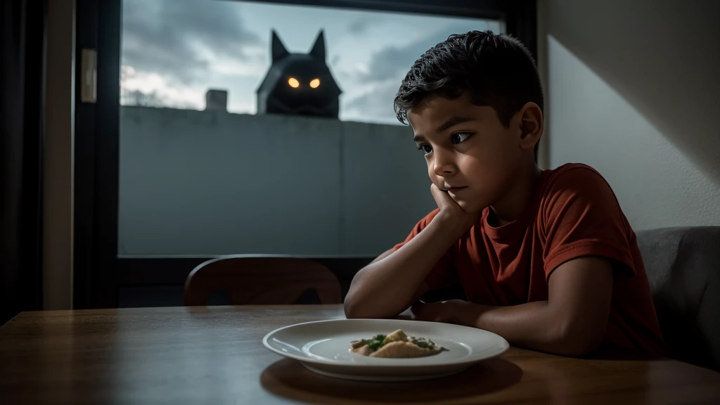 Crea una imagen inquietante que capture la esencia de la historia "Tobi: El Perro Imaginario". En la imagen, shows a 9 year old boy, Kique, de pie en la entrada de una casa suburbana, staring with a disturbing smile at a dark, menacing shadow looming over an empty plate. En el fondo, una madre aterrorizada observa desde una ventana, with eyes wide open and hands covering his mouth. Make sure the shadow is shaped to suggest a ghoulish giant dog, pero de una manera sutil y aterradora, con ojos rojos brillantes que destaquen en la oscuridad. The atmosphere should be nocturnal and gloomy, with soft lights that add to the suspense and mystery of the scene.