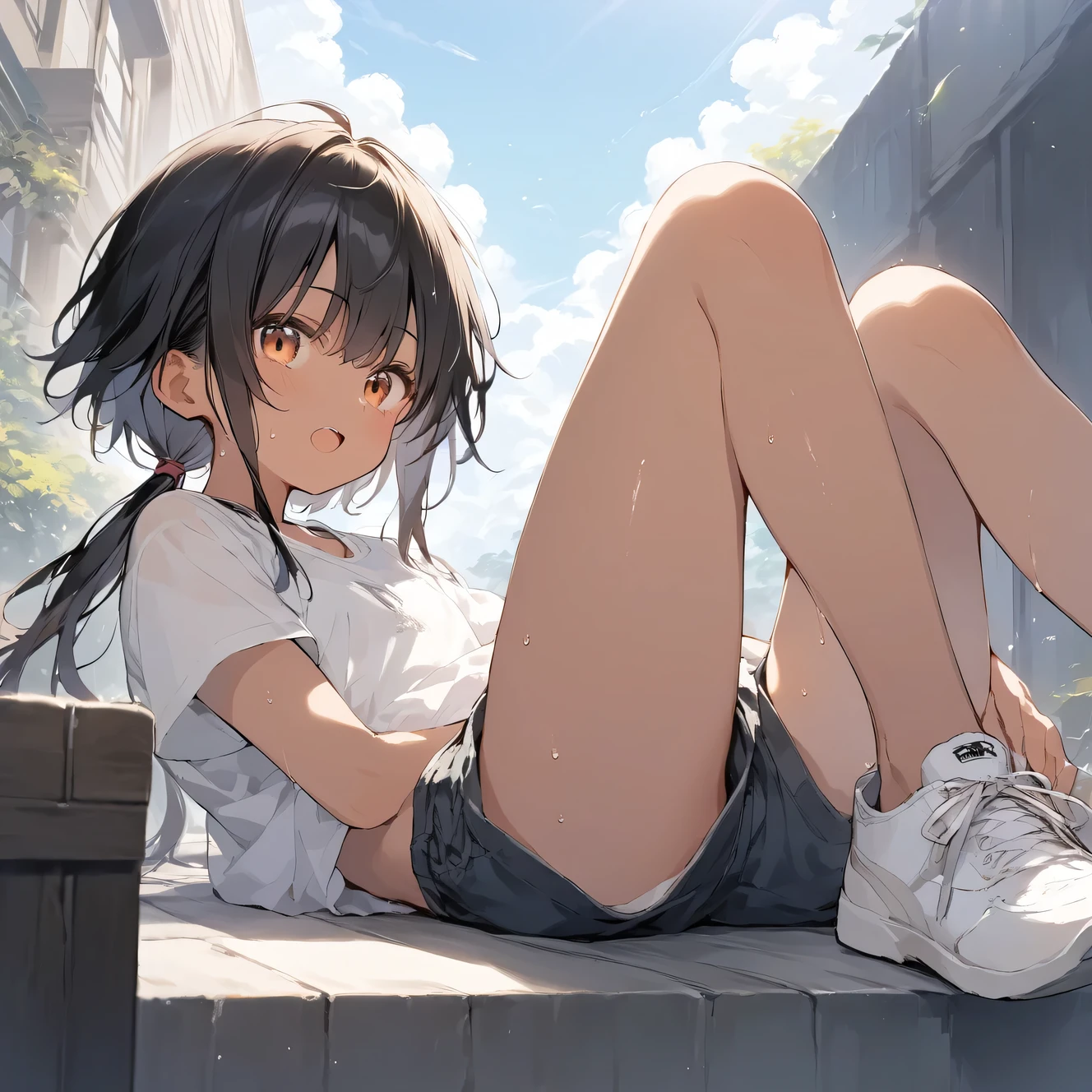 score_9, score_8_up, score_7_up, source_anime, best quality, masterpiece,official art, absurdres, highres, waifu2x,Collection: Slice of Life,break,1girl, tomboy, dark-skinned female, short hair, low ponytail, flat chest,  beautiful detailed eyes, short shorts, sweat, open mouth, (yawn:0.3), sleepily, outdoors, wind, break,(clear line illustration:1.2),very high resolution, very aesthetic, super detailed skin, Best sexual lighting powered by famous artist, 8k,cute picture,beauty illustration,photoshop_(medium),,(Detailed Lighting)
