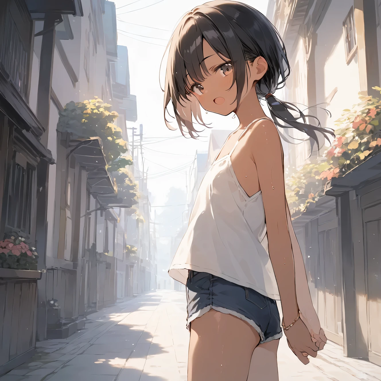score_9, score_8_up, score_7_up, source_anime, best quality, masterpiece,official art, absurdres, highres, waifu2x,Collection: Slice of Life,break,1girl, tomboy, dark-skinned female, short hair, low ponytail, flat chest,  beautiful detailed eyes, short shorts, sweat, open mouth, (yawn:0.3), sleepily, outdoors, wind, break,(clear line illustration:1.2),very high resolution, very aesthetic, super detailed skin, Best sexual lighting powered by famous artist, 8k,cute picture,beauty illustration,photoshop_(medium),,(Detailed Lighting)
