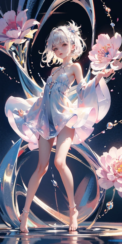 A girl、symmetry,Daughter,whole body 女恋,Put your hands together and bloom,(Very detailed:1.1),((small :1.2))、The eyes are well drawn、Charming eyes、Double tail、Wear jewelry and pearls around your neck,Transparent openwork、Deep V、Crystal Pearls、在Wear jewelry and pearls around your neck,white hair, show your thighs, Bare shoulders, Show clavicle, Yao Liu, barefoot,((whole body))、painful posture