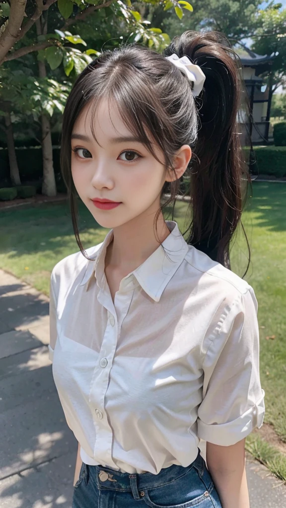 White collared shirt,jeans,Park,On the lawn,Close up face,One woman,masutepiece, The highest image quality, High quality, the background is clear,Beautiful woman, Japanese,Ultra-detailed, finely detail, hight resolution, 8K Wallpaper, Perfect dynamic composition, Beautiful detailed eyes , Detailed, Detailed eyes, Detailed skin, Beautiful skin, 超hight resolution, (reality: 1.4),Very beautiful woman, Slightly younger face, Beautiful skin, slender, (Ultra photo realsisim), (hight resolution), (8K), (Very detailed) (beautifully detailed eyes), (super detailed), (Detailed face), view the viewer, Fine details, Detailed face, Staring straight ahead, Staring straight ahead, photos realistic, Bright lighting, Professional Lighting, Black hair,poneyTail,a baby face,fourteen years old,Hairstyle: ponytail,Long ponytail hairstyle,slight smile,neat and tidy clothing,Beautiful Japanese KPOP idol photo, hair style is ponytail, my eyes are double and wide, baby face, smile and look straight ahead, slender, small breasts,Close up face,