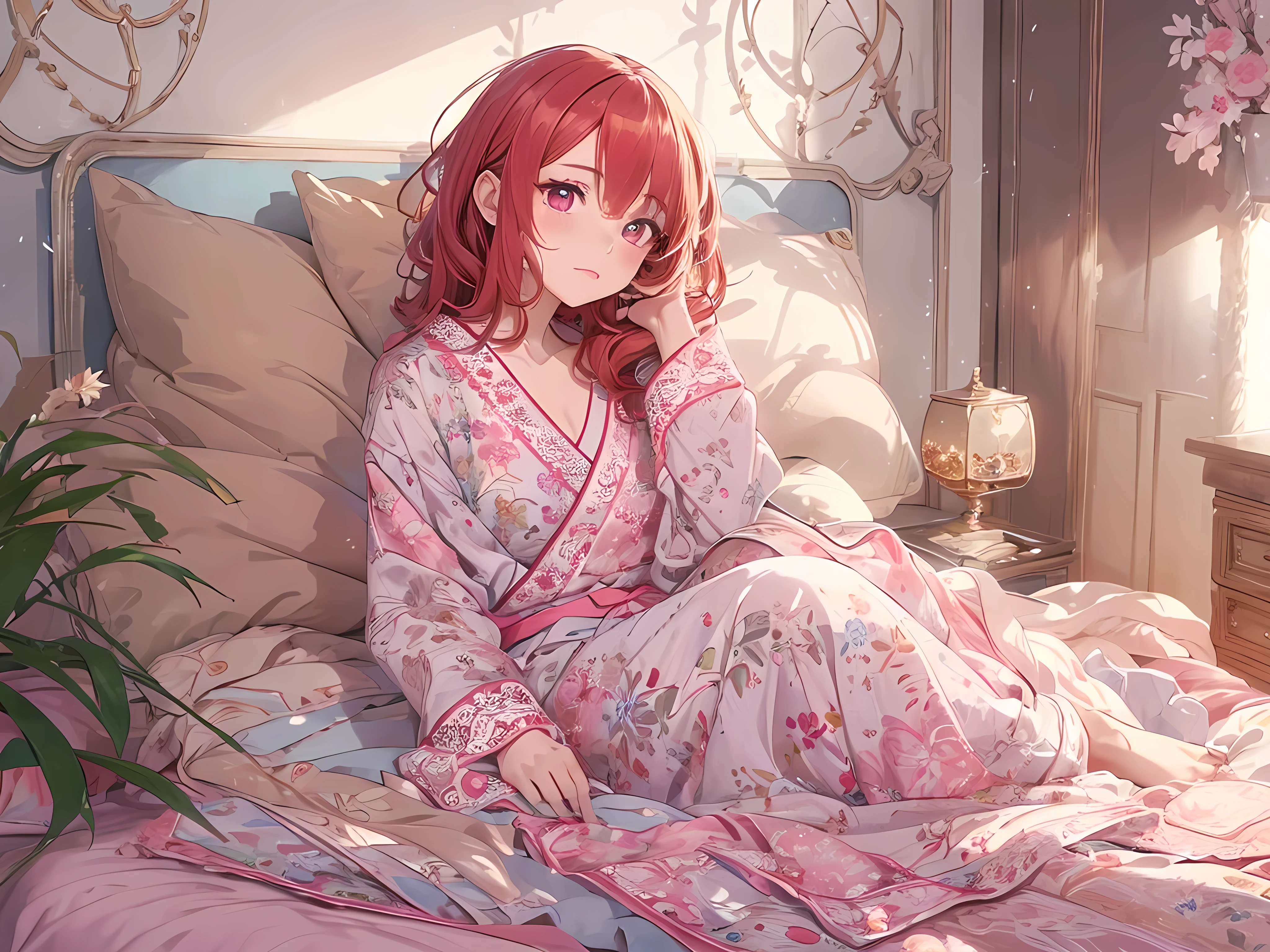 beautiful young woman, anime style, detailed face, red hair, hair down, large eyes, pink eyes, delicate features, soft lighting, wearing stylish pajamas, silk pajamas, intricate lace details, pastel colors, elegant design, lying in bed, hugging pillow, cozy bedroom, relaxed posture, night scene, soft blanket, peaceful expression, detailed background, Japanese anime style, hand-drawn, high quality, highly detailed, 8k resolution, cinematic lighting, best quality, vibrant colors