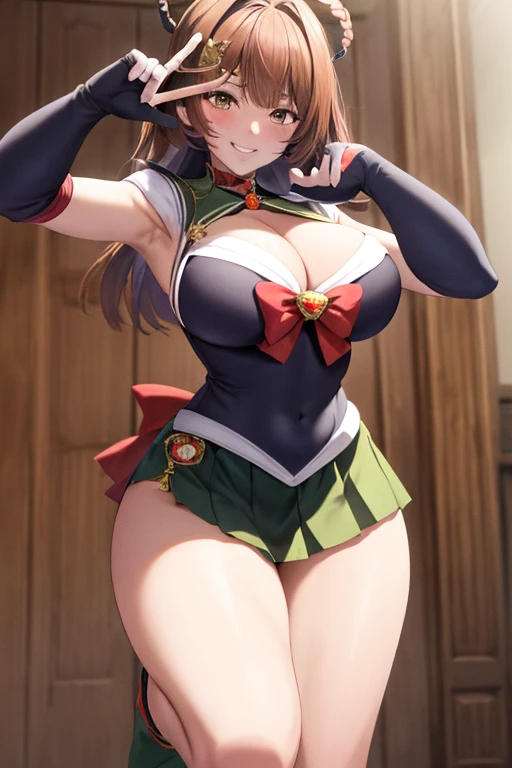 masterpiece, high definition, best quality, rendered art, well formed hands, fingers and body, 1 woman, solo, Xiangling , adult, grown up, wearing Sailor Moon's outfit, big breasted, cleavage, full body, sexy sailor senshi uniform, short blue skirt, red boots, gorgeous hips, legs and thighs, blond, white elbow gloves, sailor collar, tiara, earrings, she is fighting in a combat match, showing her fighting skills, making her guard, about to hit the viewer, looking at the viewer, sweating, bouncing breasts, smiling joyfully and brightly, being confident and proud, action and fighting scene, martial arts arena with beach environment