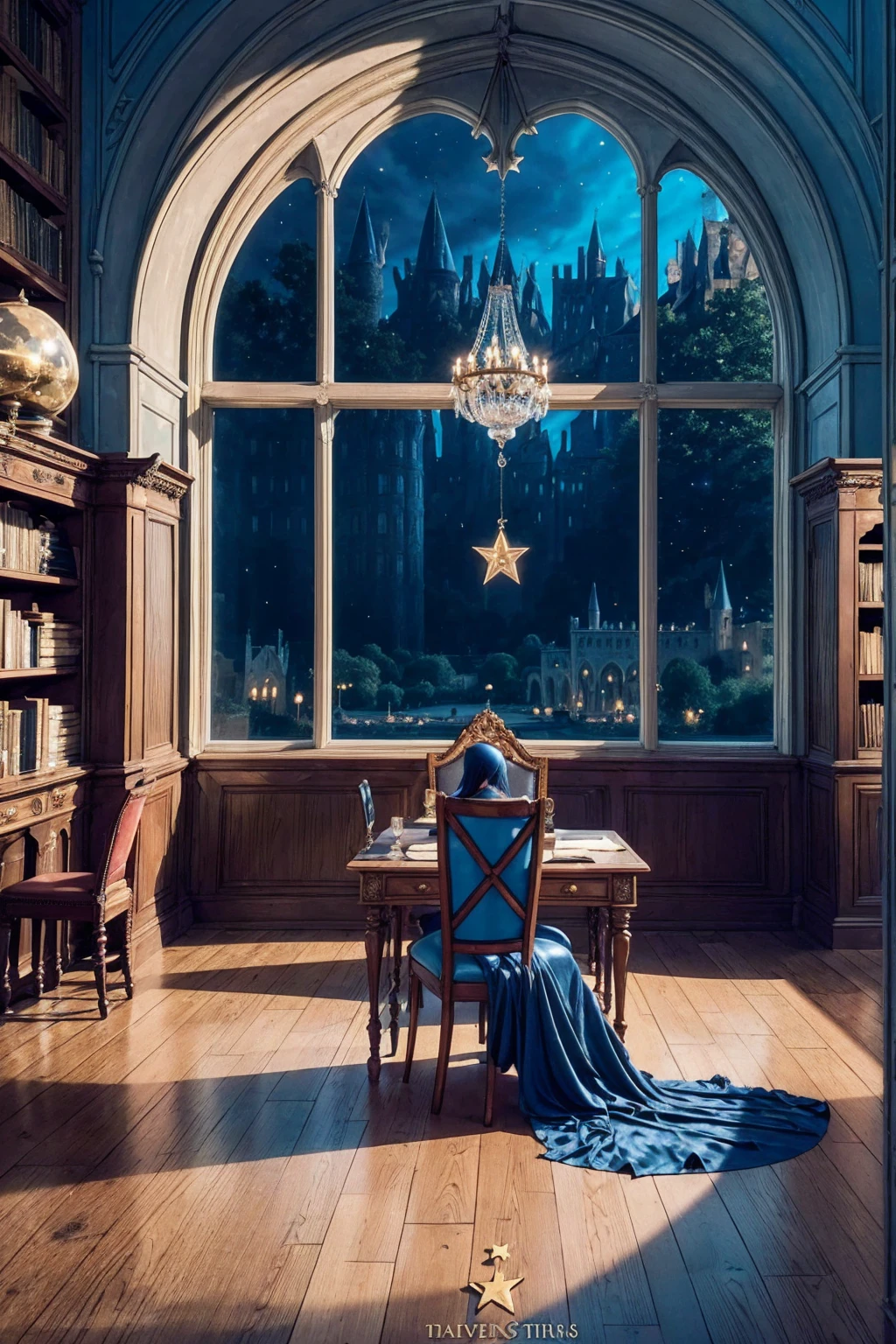 perfect ????? masturbating on the floor, Castle towers, Harry Potter, Ravenclaw, lounges, arched windows, blue silk hanging on the walls, domed ceilings painted with stars, dark blue carpets with stars, tables, chairs, bookshelves on the floor,