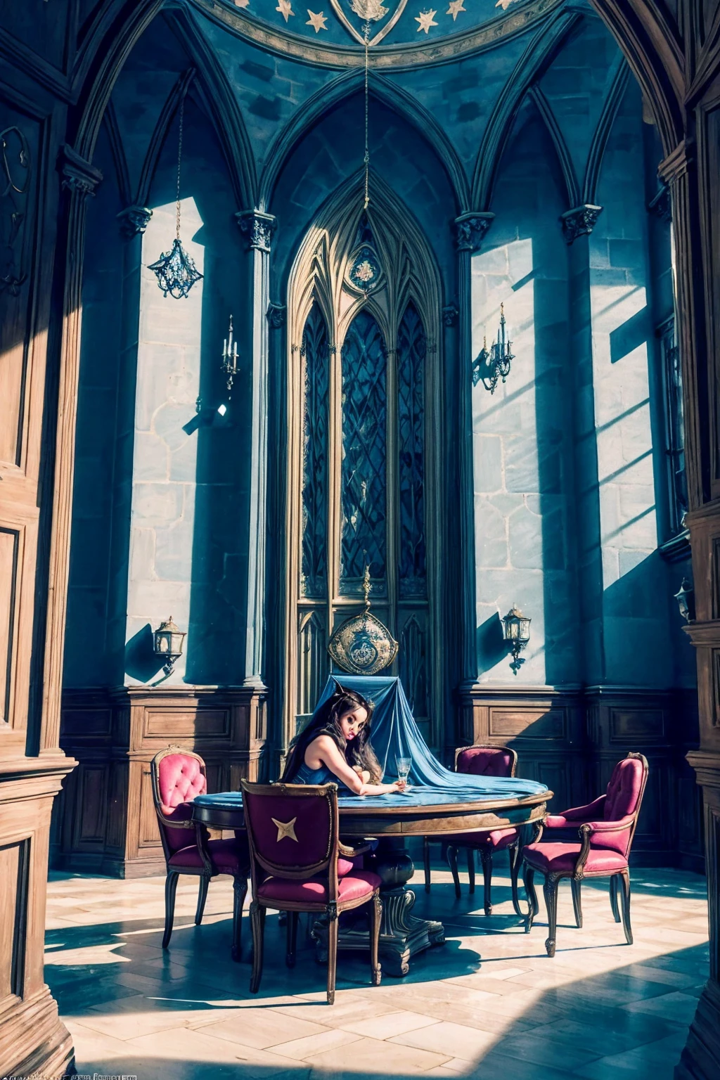 perfect bimbo masturbating on the floor, Castle towers, Harry Potter, Ravenclaw, lounges, arched windows, blue silk hanging on the walls, domed ceilings painted with stars, dark blue carpets with stars, tables, chairs, bookshelves on the floor,