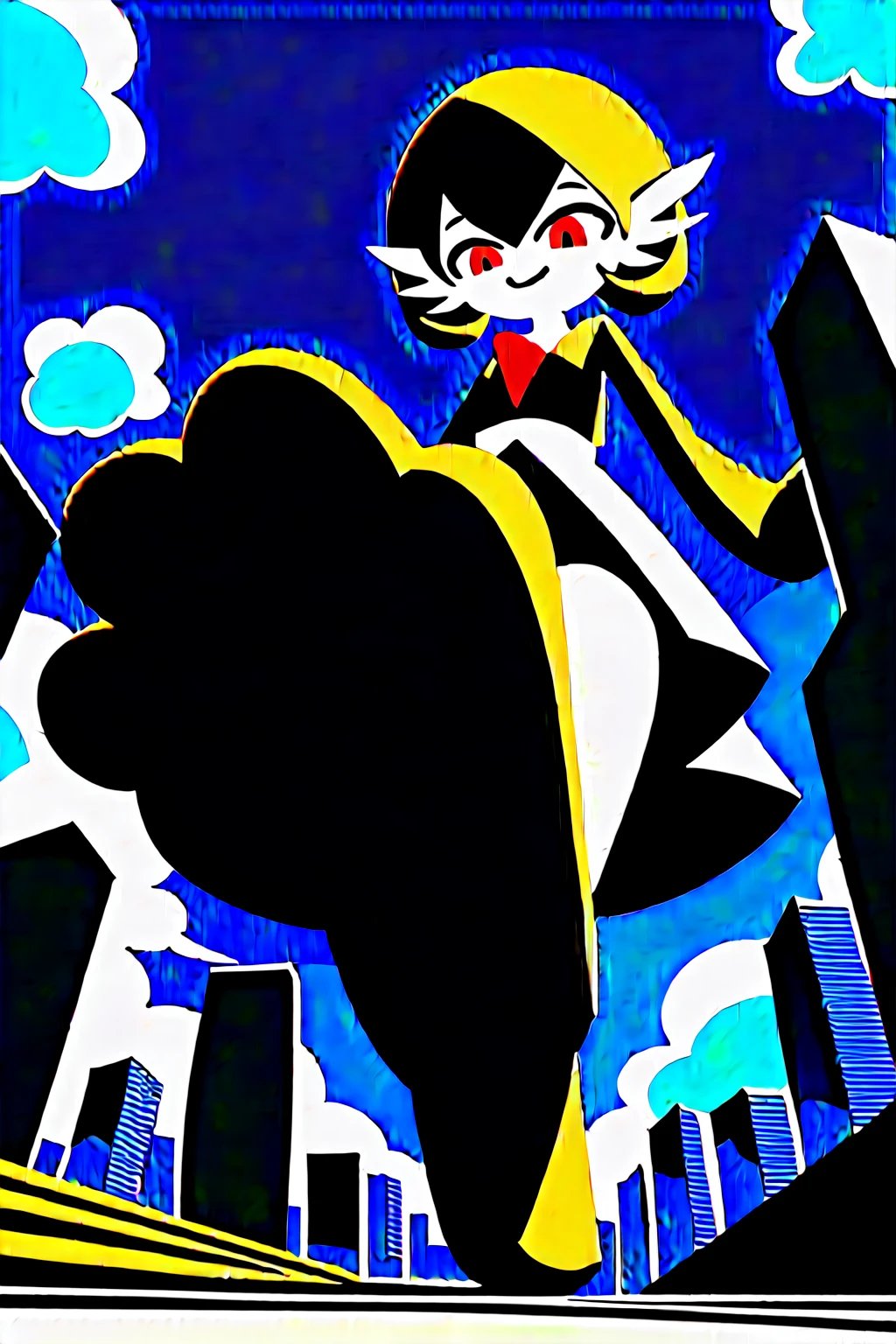 (Fraction_9,Fraction_8_Direction_7_up,), green legs, full body! shot, green and white, higurashi, danny phantom, full body shot close up, gardevoir, pokemon, sizedifference, macro, giantess, low angle, paws, stand, look down, 1 character, deceptive smile, hands down, half-squinted eyes, city, 2 feet, 4 toes