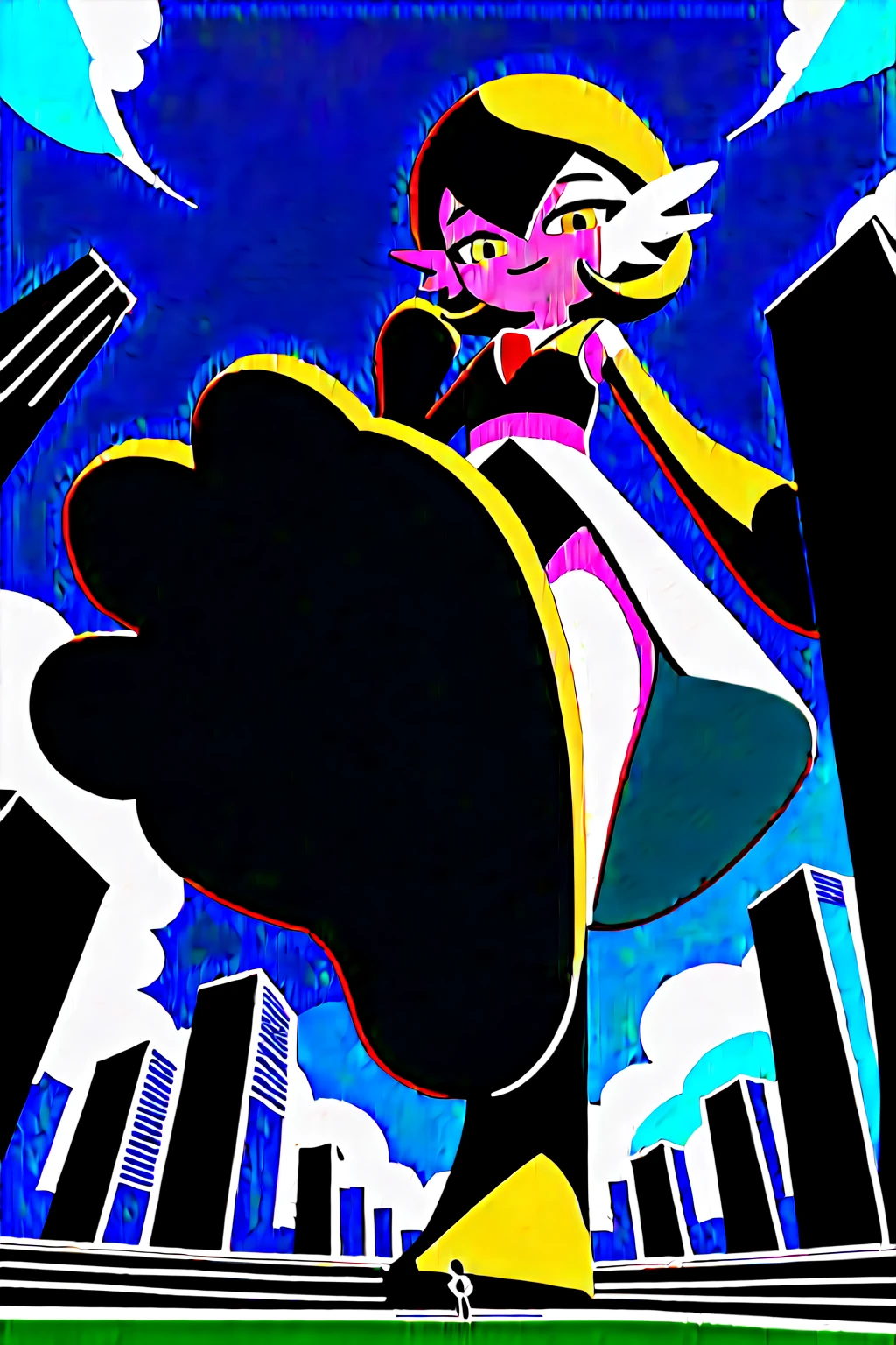 (Fraction_9,Fraction_8_Direction_7_up,), green legs, full body! shot, green and white, higurashi, danny phantom, full body shot close up, gardevoir, pokemon, sizedifference, macro, giantess, low angle, paws, stand, look down, 1 character, deceptive smile, hands down, half-squinted eyes, city, 2 feet, 4 toes