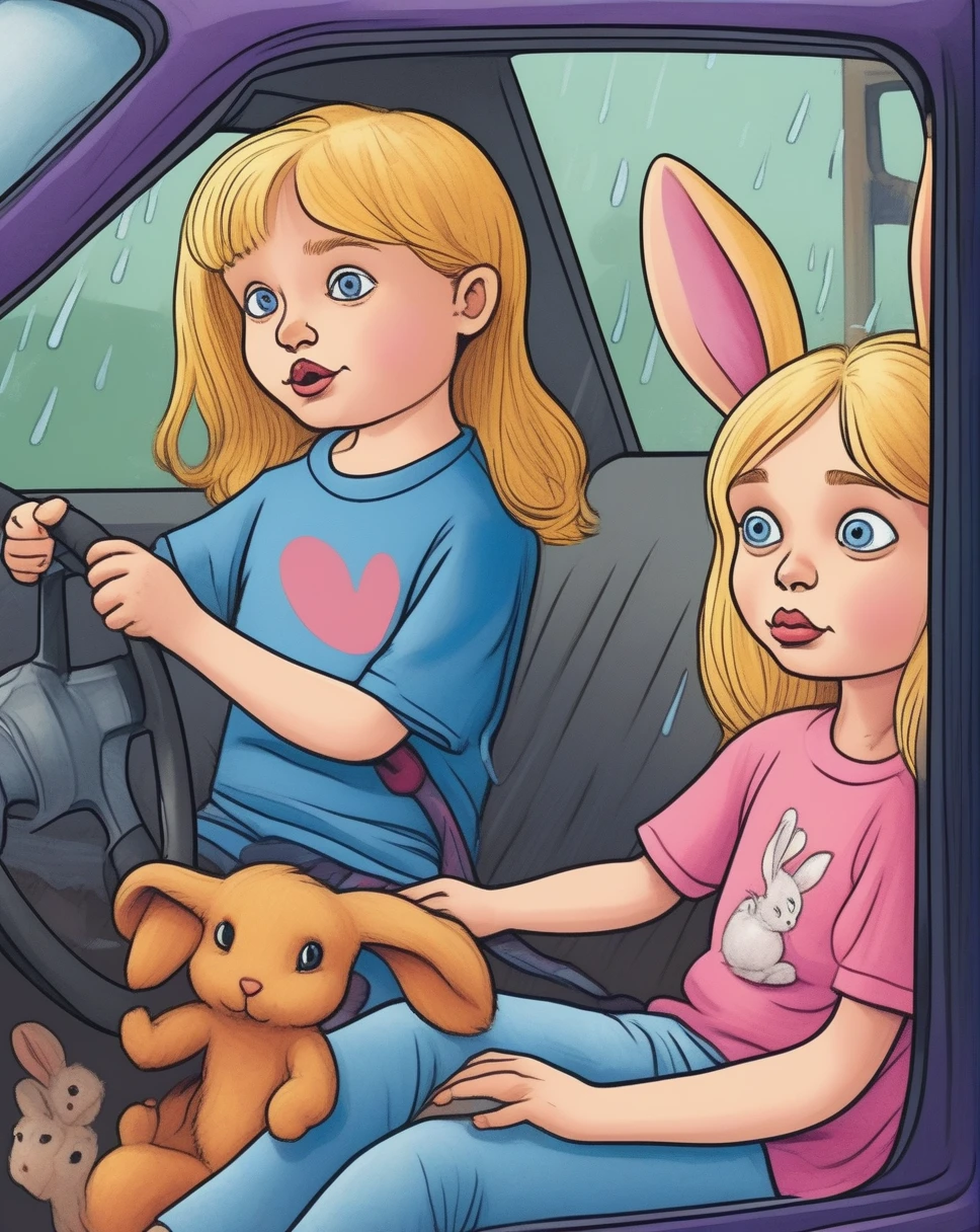 children's picture books,crayon paintings, a 5 years old boy, sad, wearing blue t shirt with a bunny illustion , blond, and his sister, 8 years old girl, long hair, blond, wearing a pink t shirt with a bunny illustration on it, happy, with their gothic mother a woman, bangs, blonde hair, car, car interior, closed mouth, earrings, ground vehicle, gothic black dress, jewelry, lipstick, long hair, looking at the road, makeup, motor vehicle, purple eyes, rain, red lips, solo, hand on the steering wheel, eyes on the road, looking sad